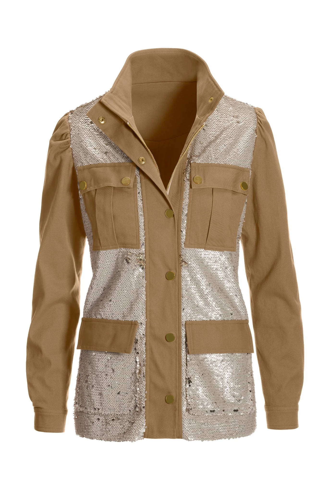 Sequin Embellished Puff Sleeve Utility Jacket Sesame - Mycitystee