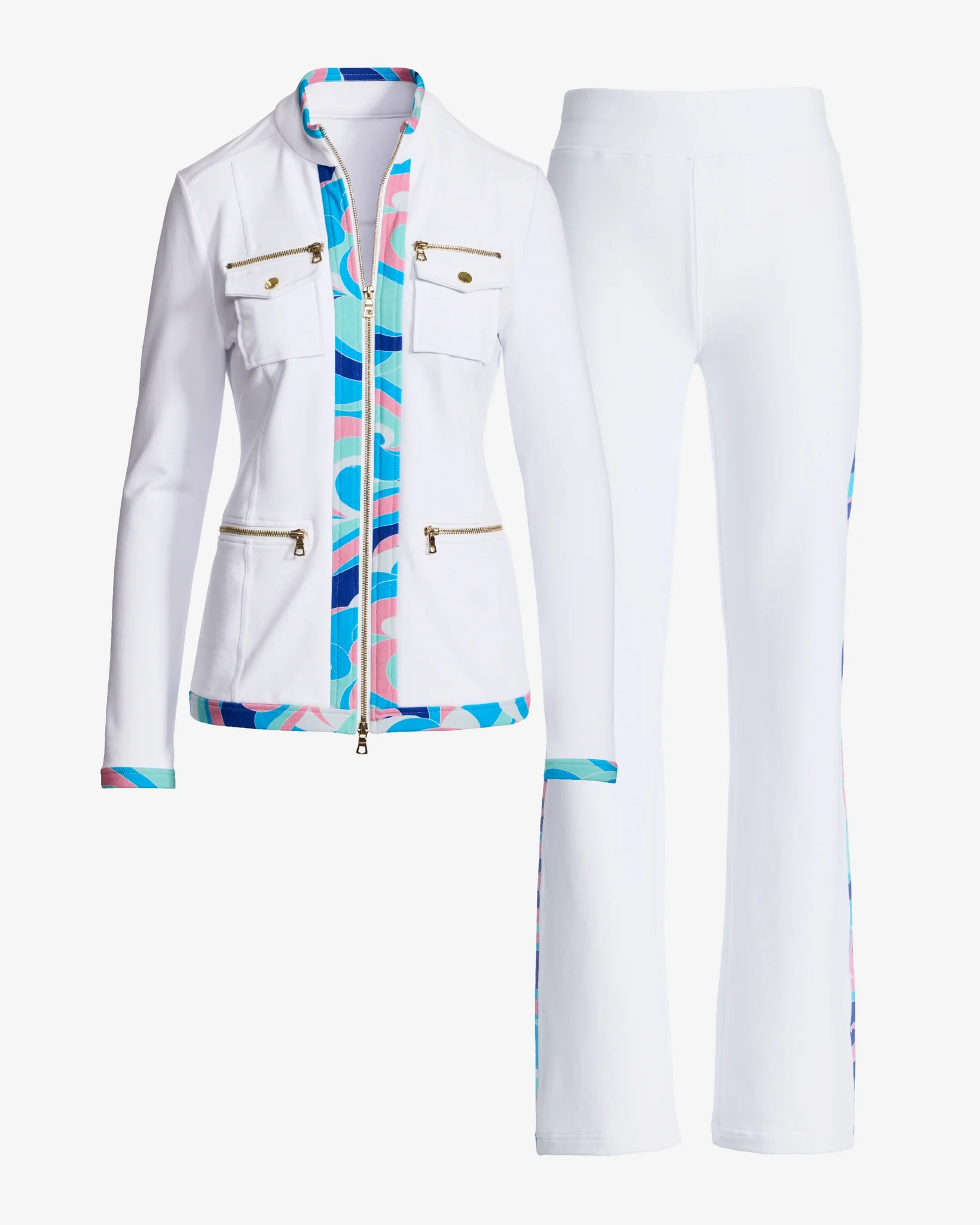 Chic Zippered Printed Trim Sport Coordinate Set Sporty Abstract - Mycitystee