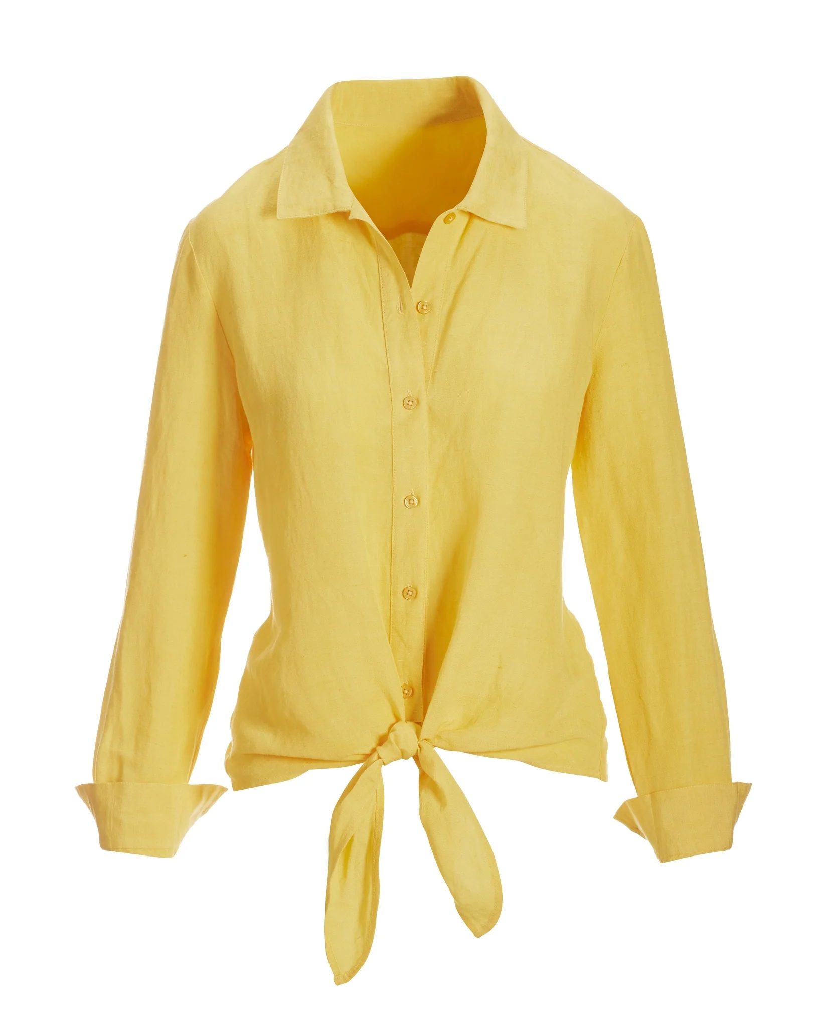 Tie Front Long Sleeve Linen Shirt Lemon Drop - Mycitystee