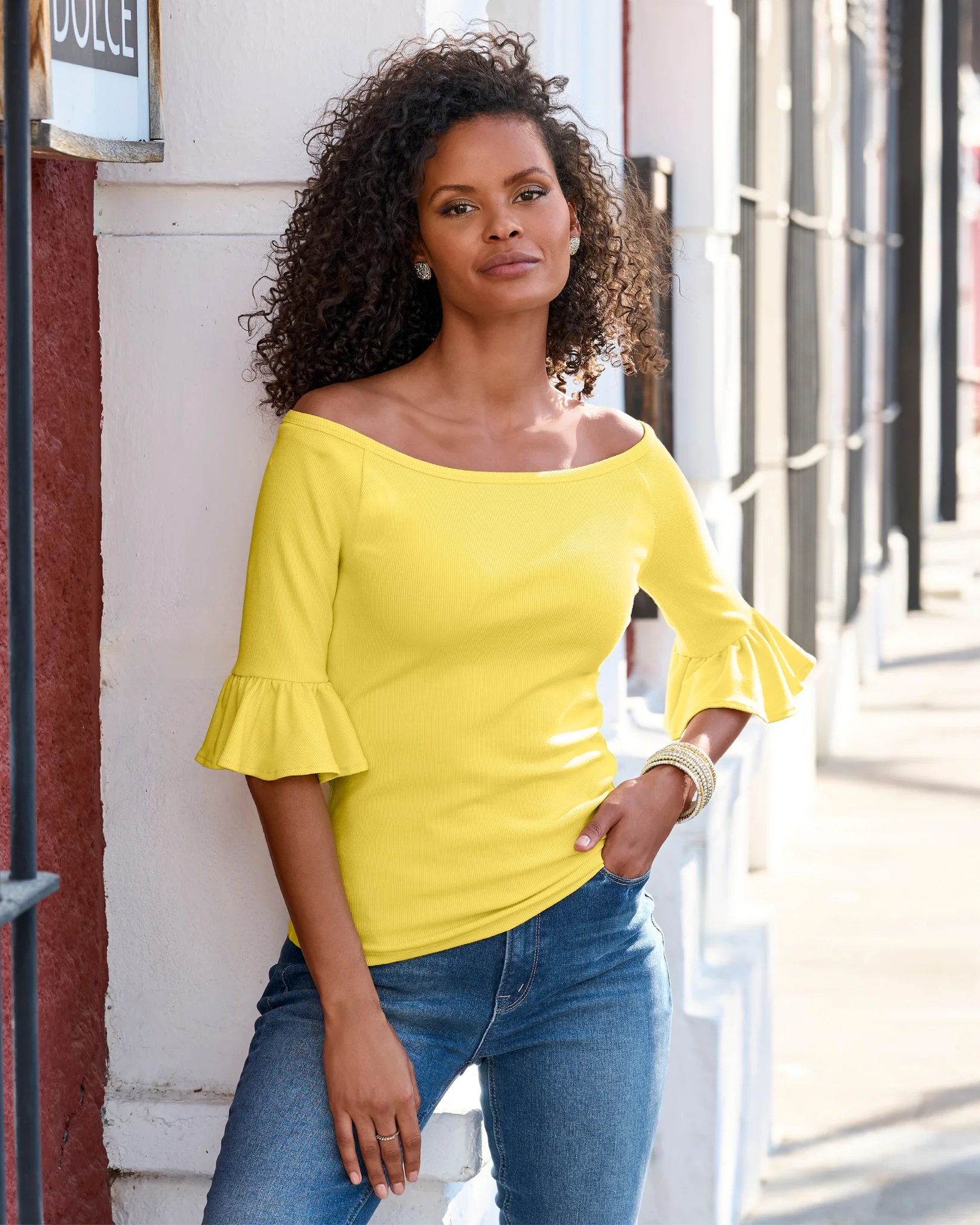 So Essential Rib Boatneck Flare Sleeve Top Lemon Drop - Mycitystee