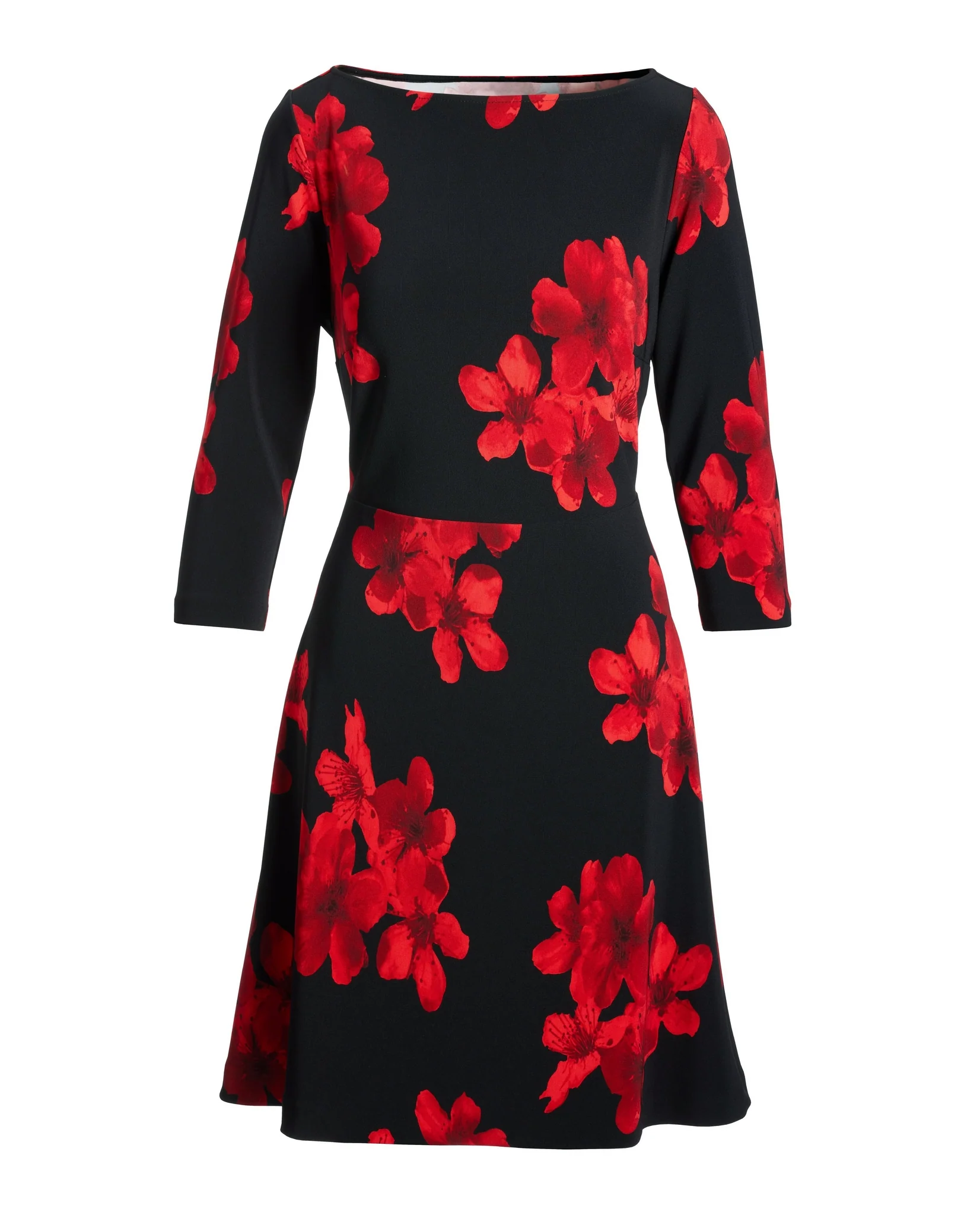 Beyond Travel Fleur de Luxe Long Sleeve Ballet Neck Fit and Flare Dress black/red - Mycitystee