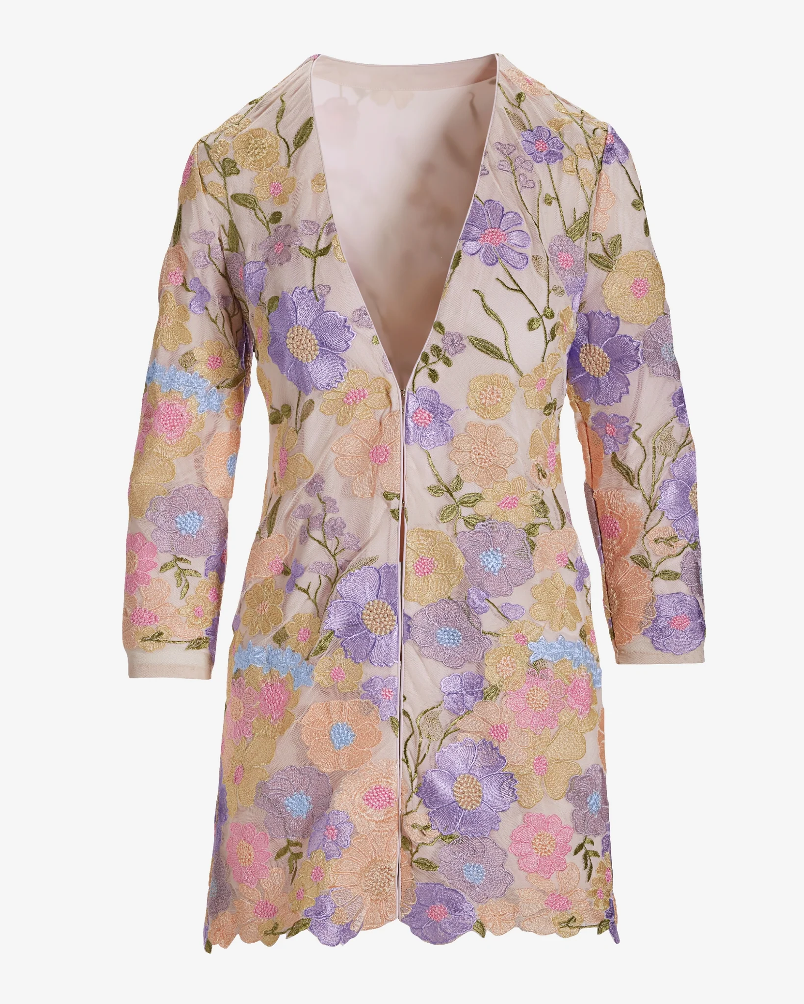 Pastel Embroidered Mesh Three Quarter Sleeve Hip Length Duster Pink Multi - Mycitystee