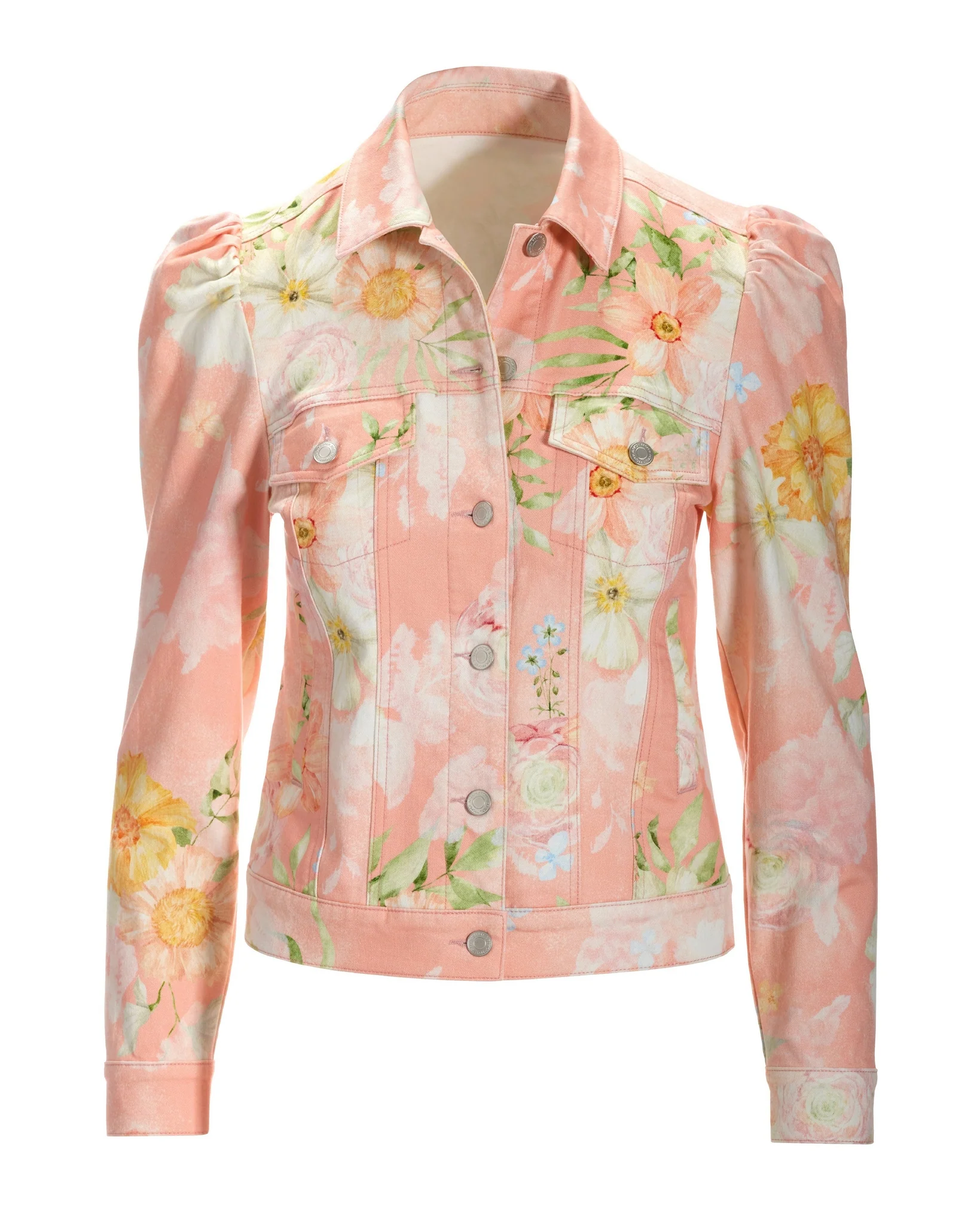 Vintage Blooms Print Puff-Sleeve Denim Jacket Pink - Mycitystee
