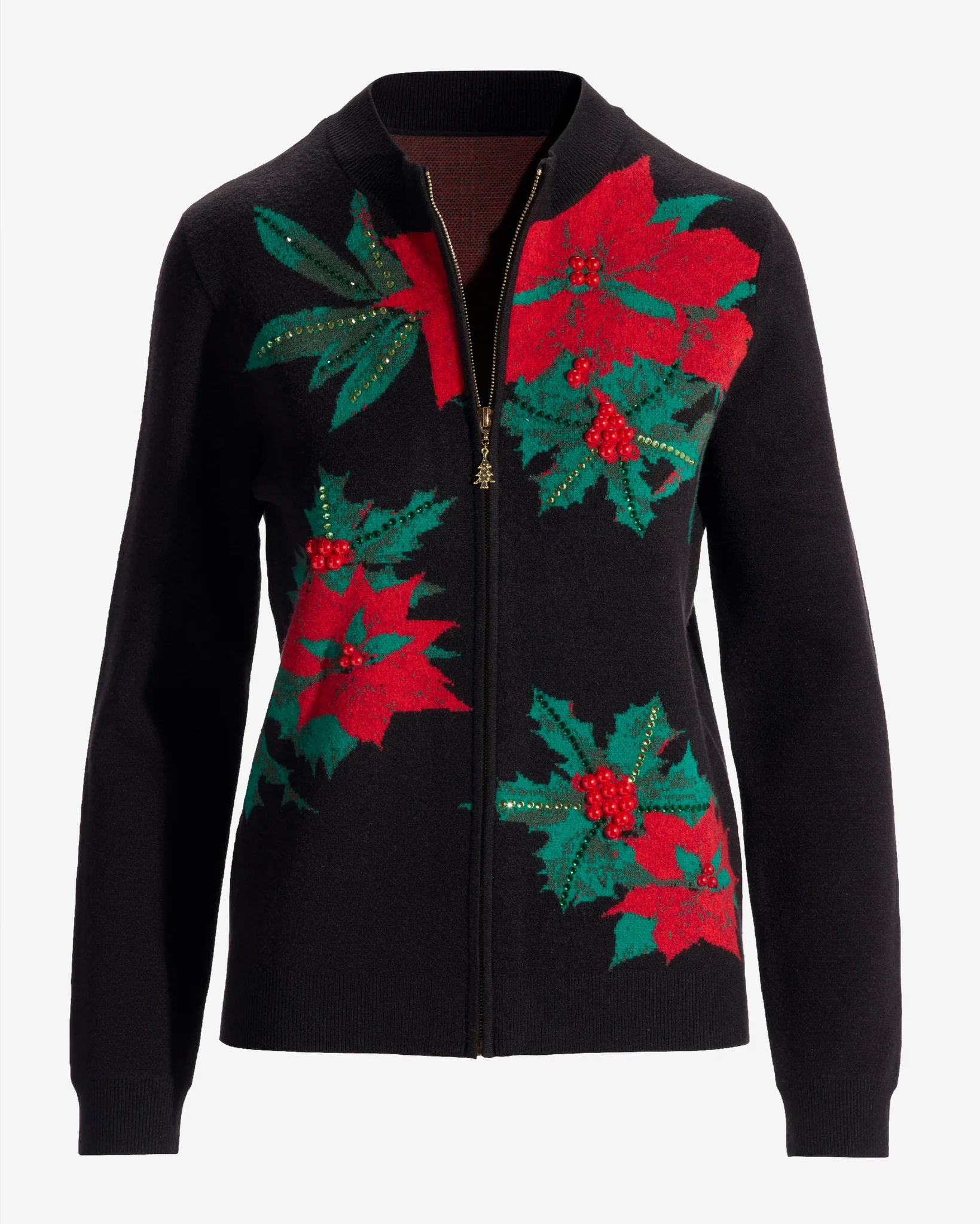 Holiday Floral Embellished Zip Up Cardigan Black Multi - Mycitystee