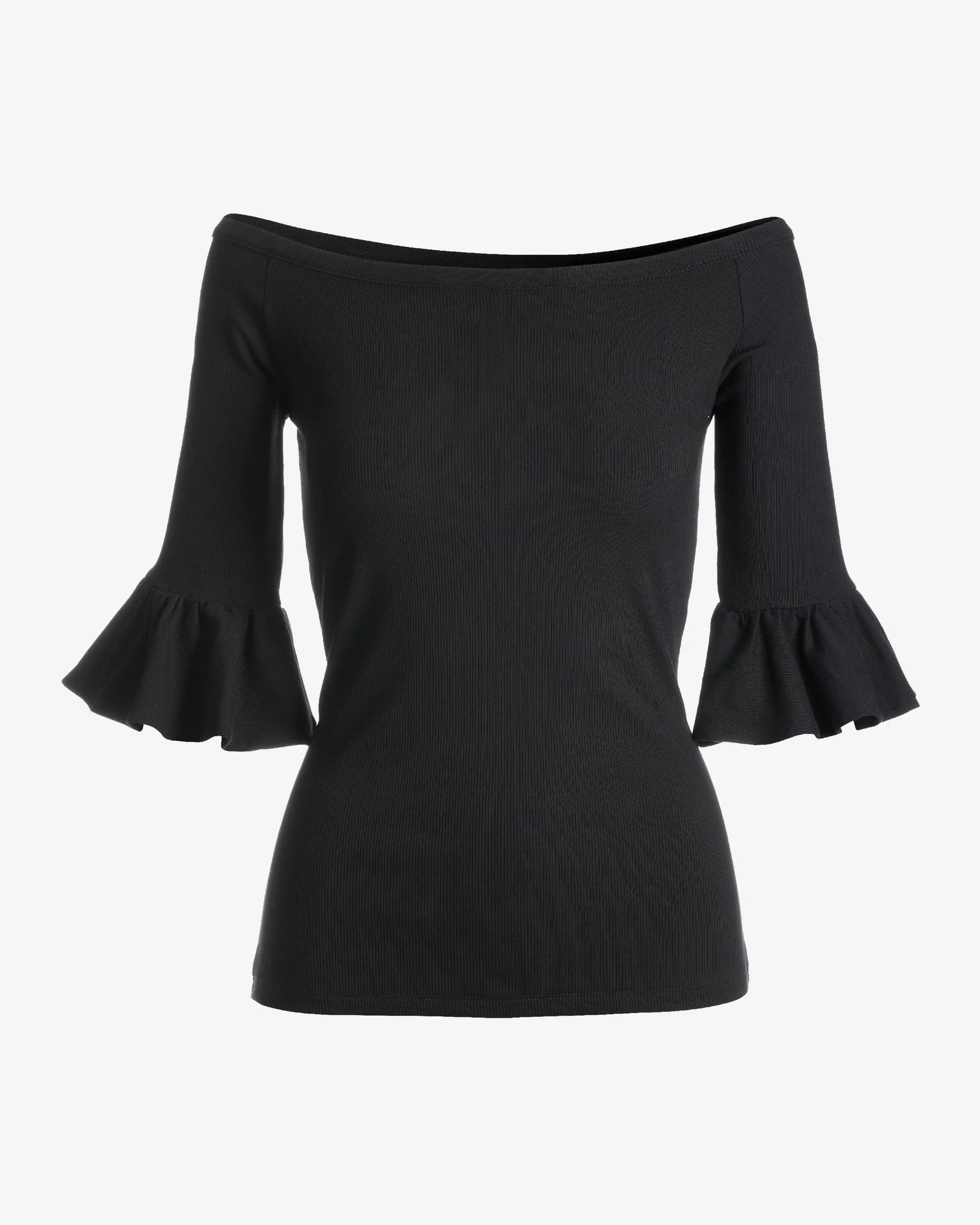 So Essential Rib Boatneck Flare Sleeve Top Black - Mycitystee