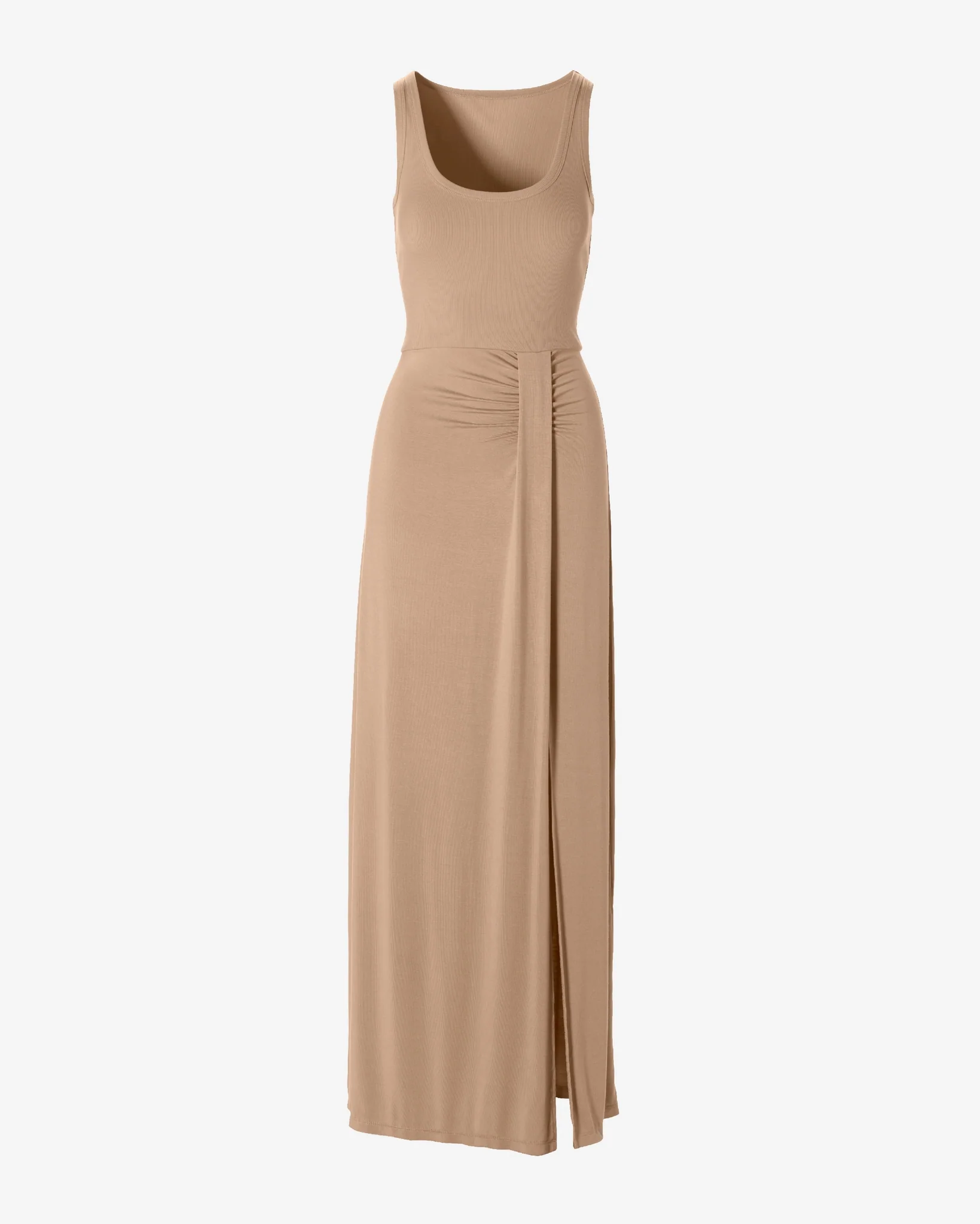 Rib Knit Mixed Media Scoop Neck Slit Maxi Dress Sesame - Mycitystee