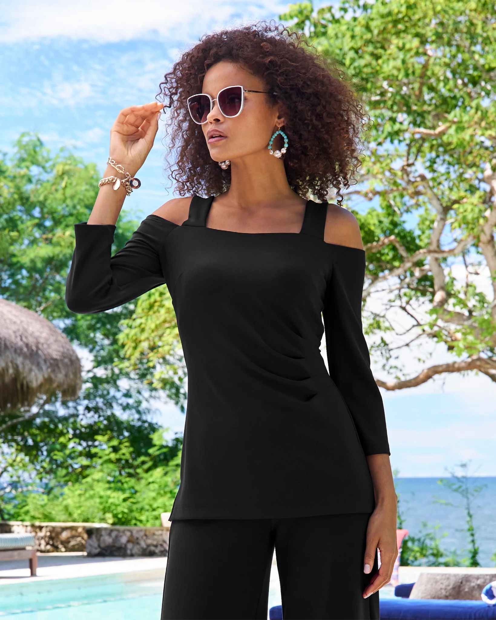 Beyond Travel Cold Shoulder Three Quarter Sleeve Top Jet Black - Mycitystee