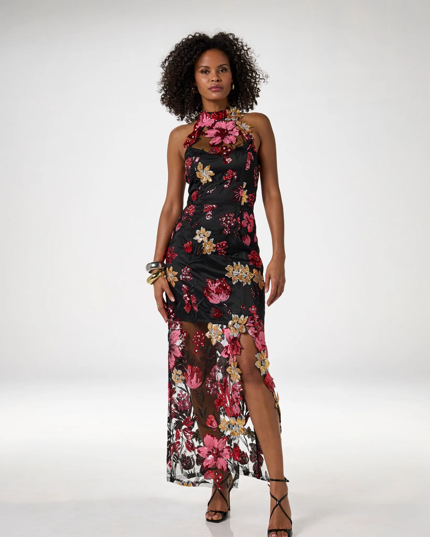 Sequin Mesh Slit Maxi Gown Black Multi - Mycitystee