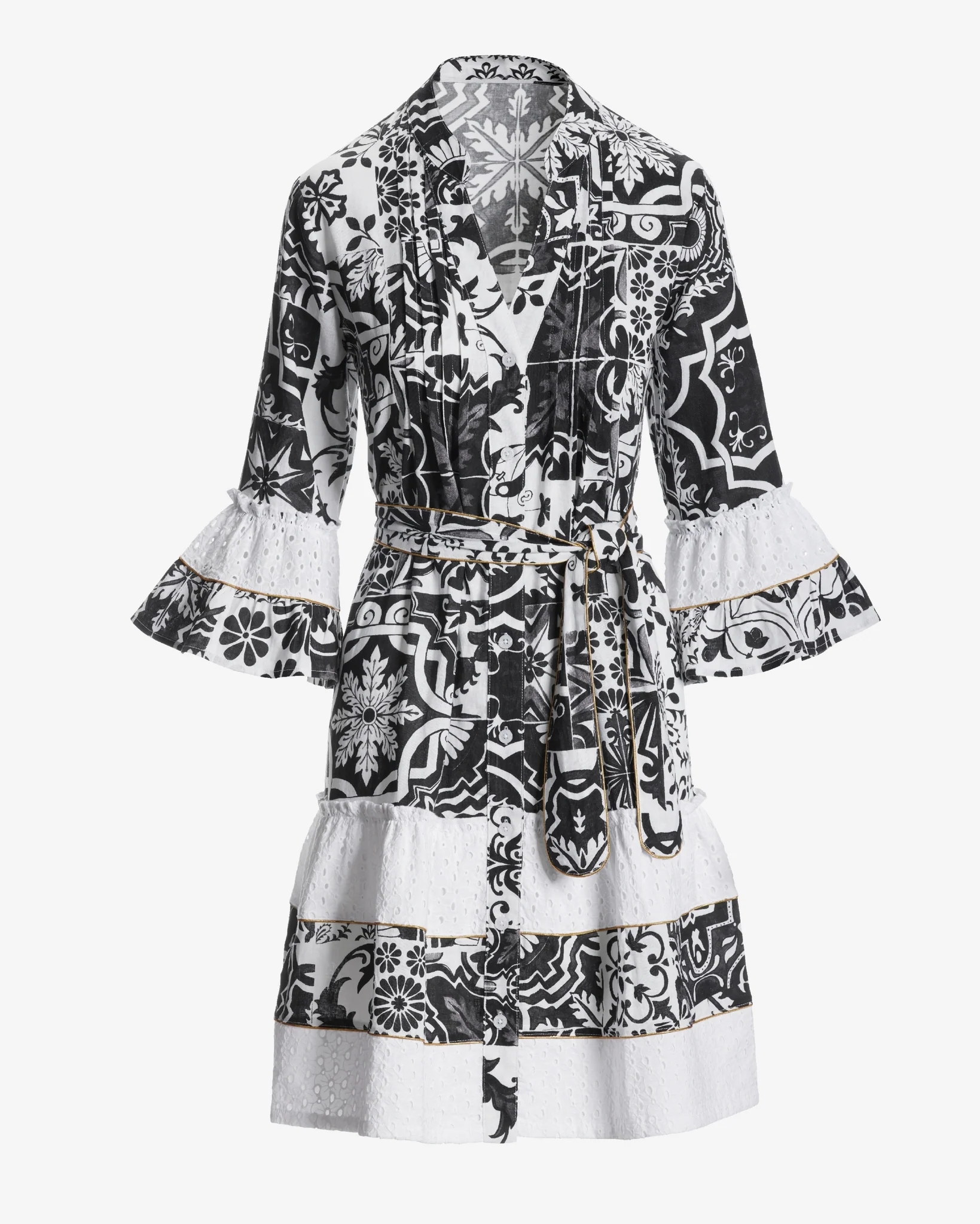 Chic Tiles Print Eyelet-Inset Tiered A-Line Dress Black/White - Mycitystee