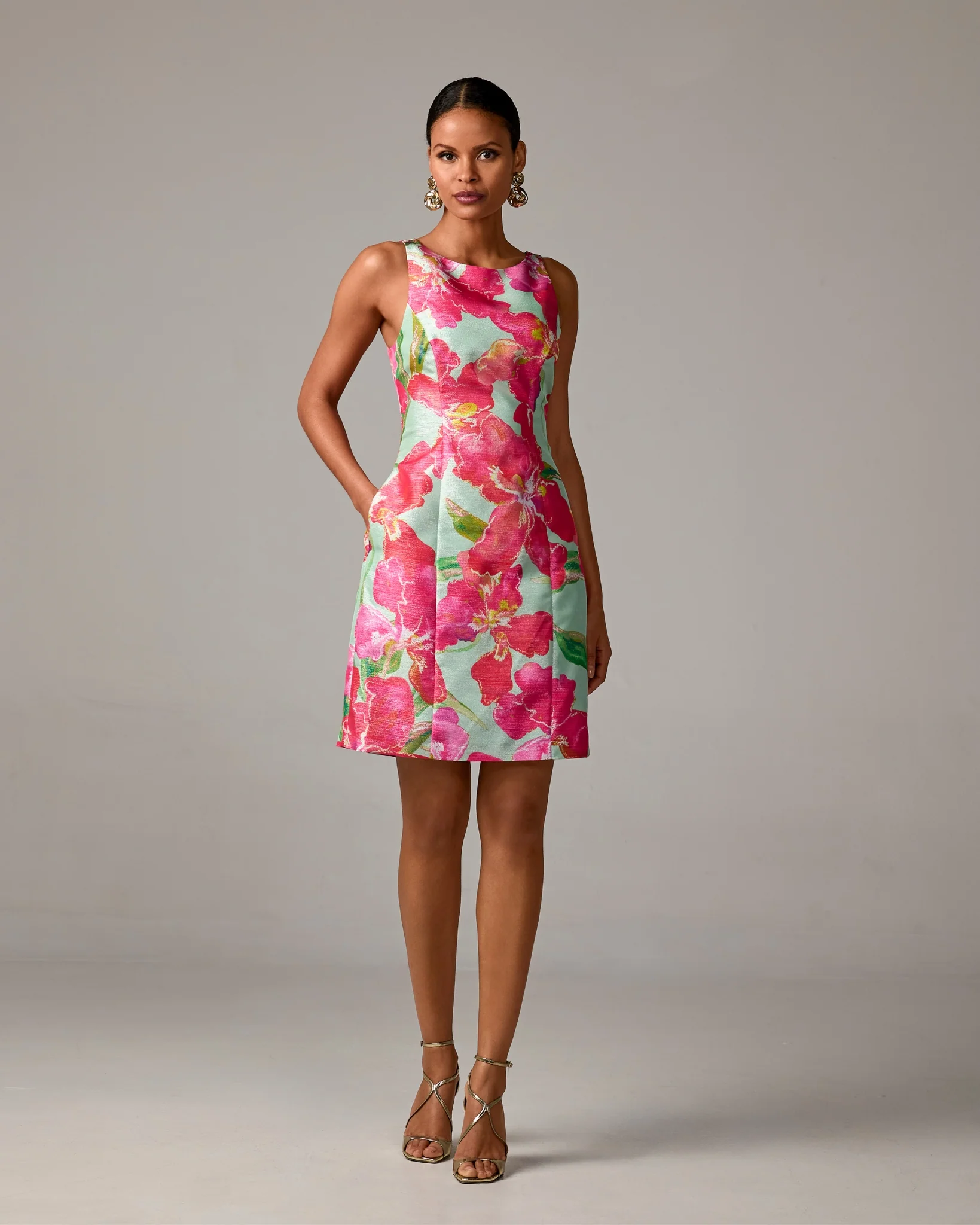Exploded Floral Print Sheen A Line Dress Pink Multi - Mycitystee