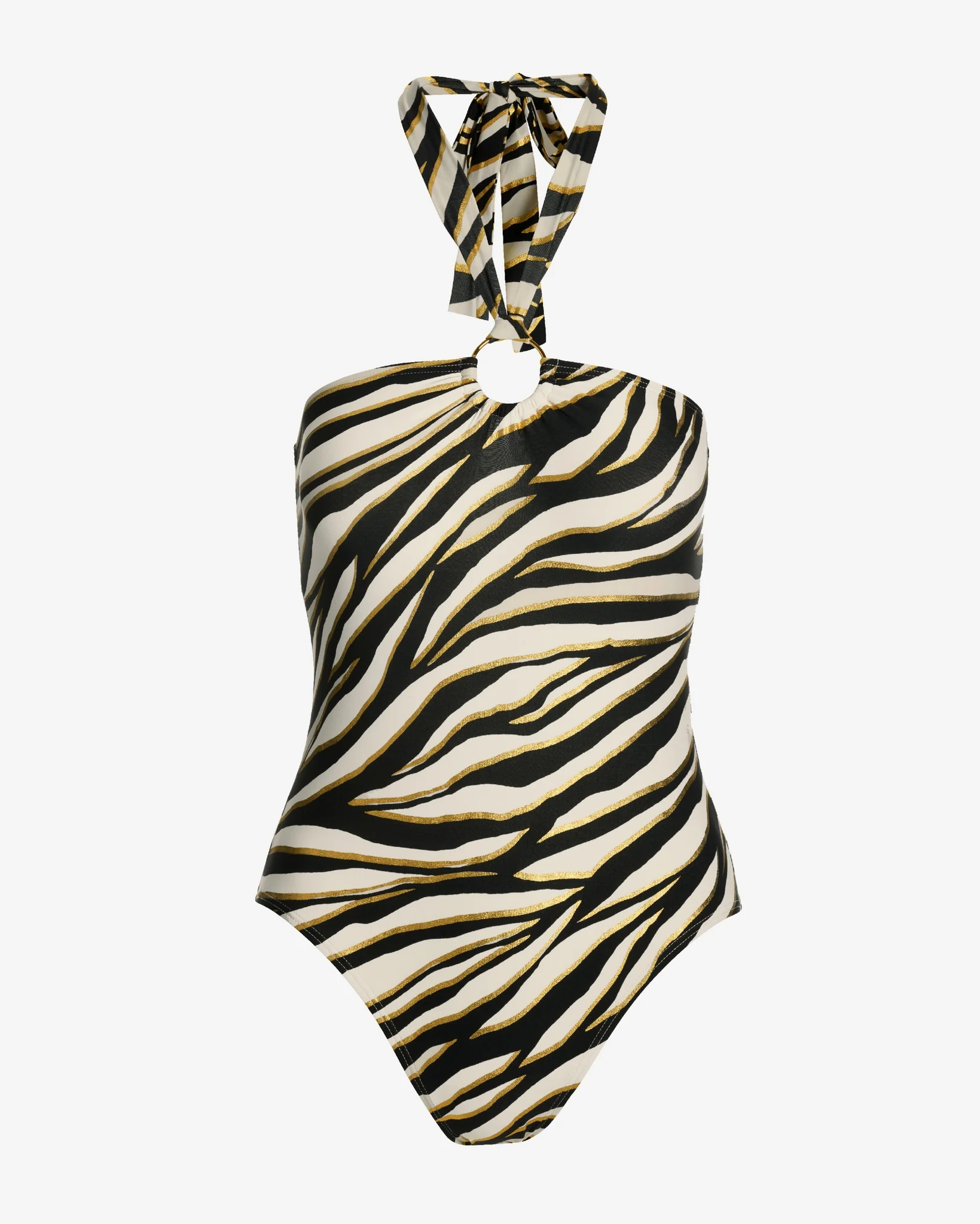 Metallic Zebra Ring Halter One Piece White/Black - Mycitystee
