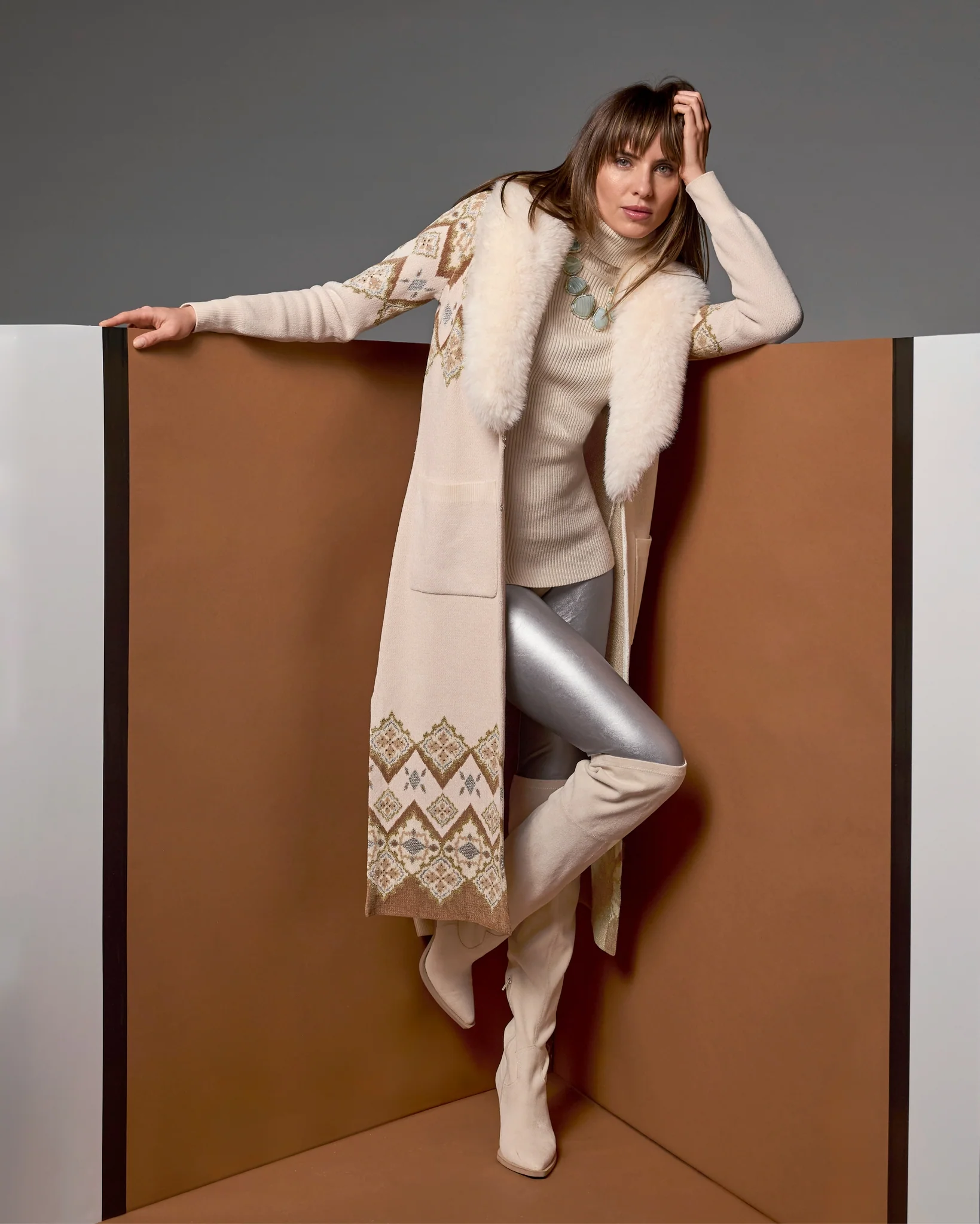 Faux Fur Collar Fair Isle Sweater Duster Fabulous Fair Isle - Mycitystee