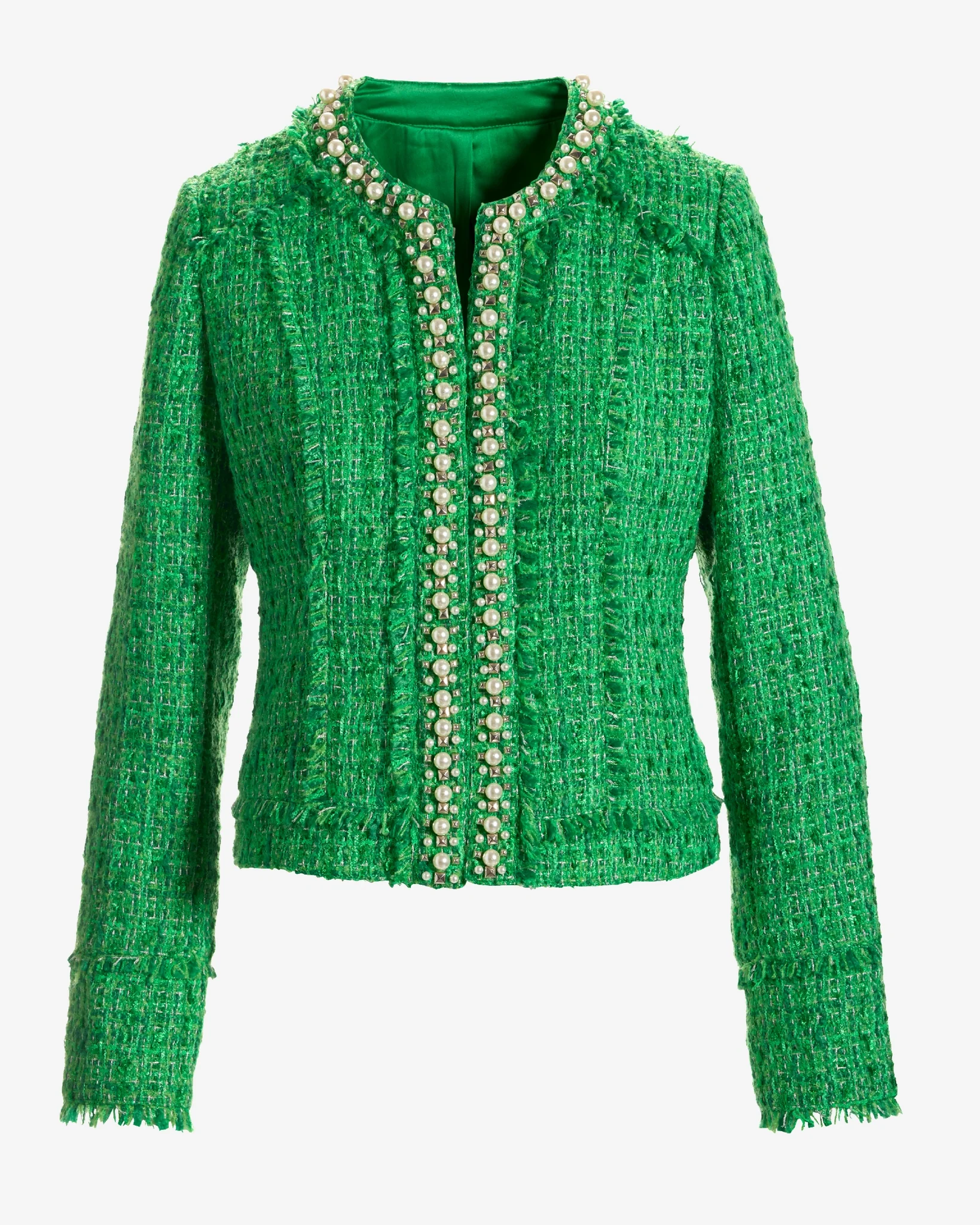 Pearl Trim Tweed Jacket Green - Mycitystee
