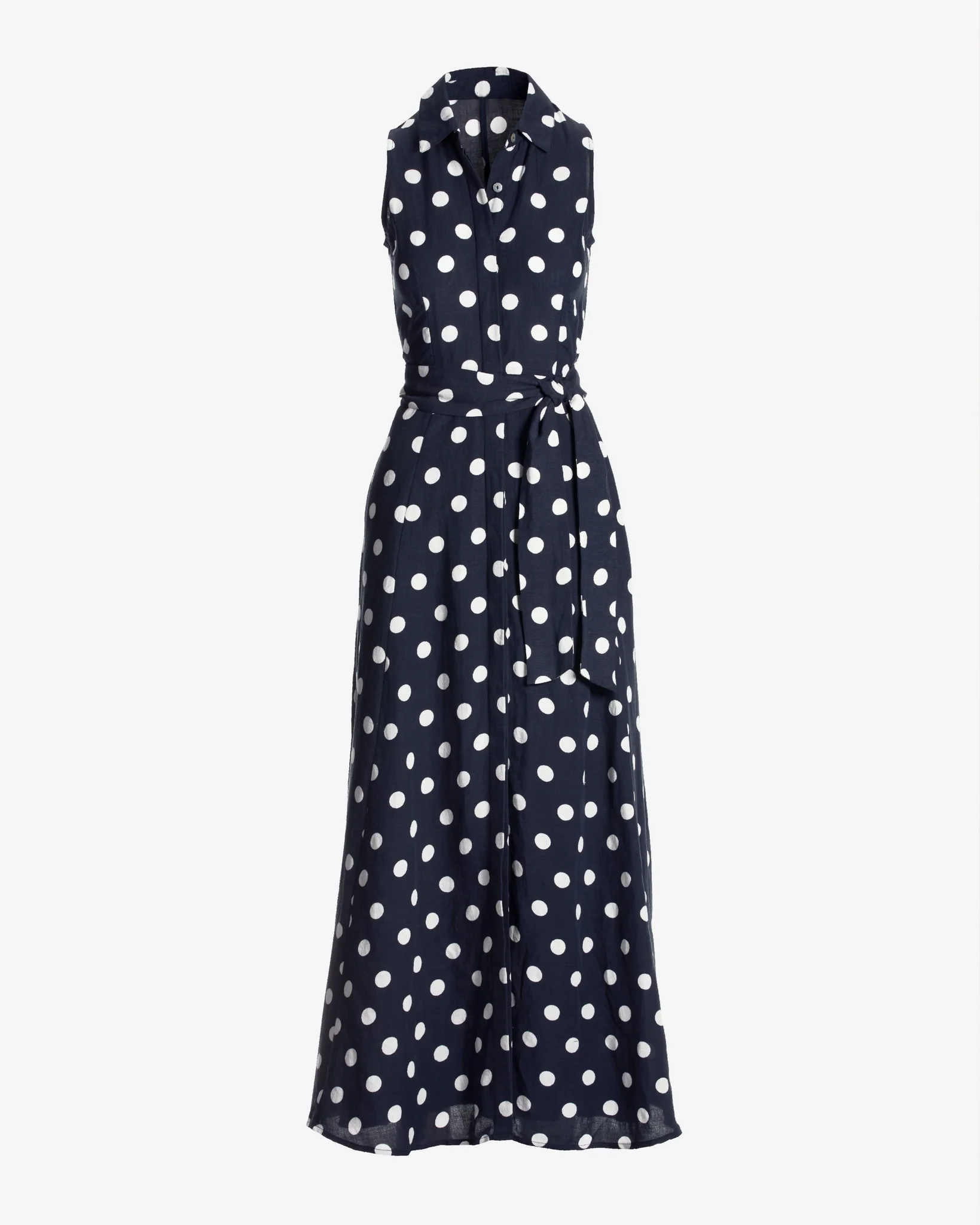 Linen Sleeveless Polk-a-dot Maxi Shirt Dress Navy - Mycitystee