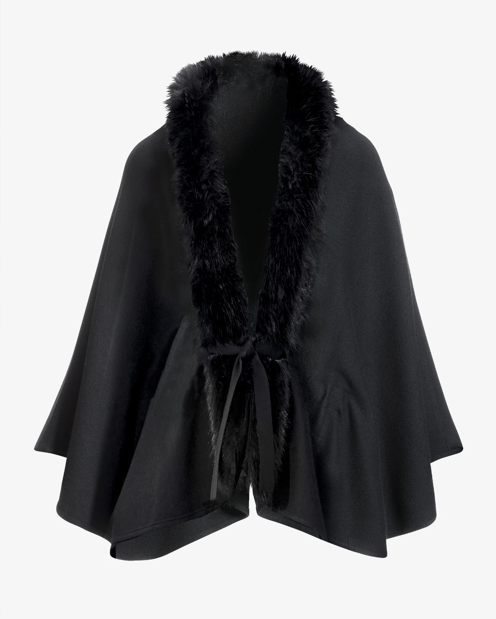Faux Fur Tie Waist Poncho Black - Mycitystee