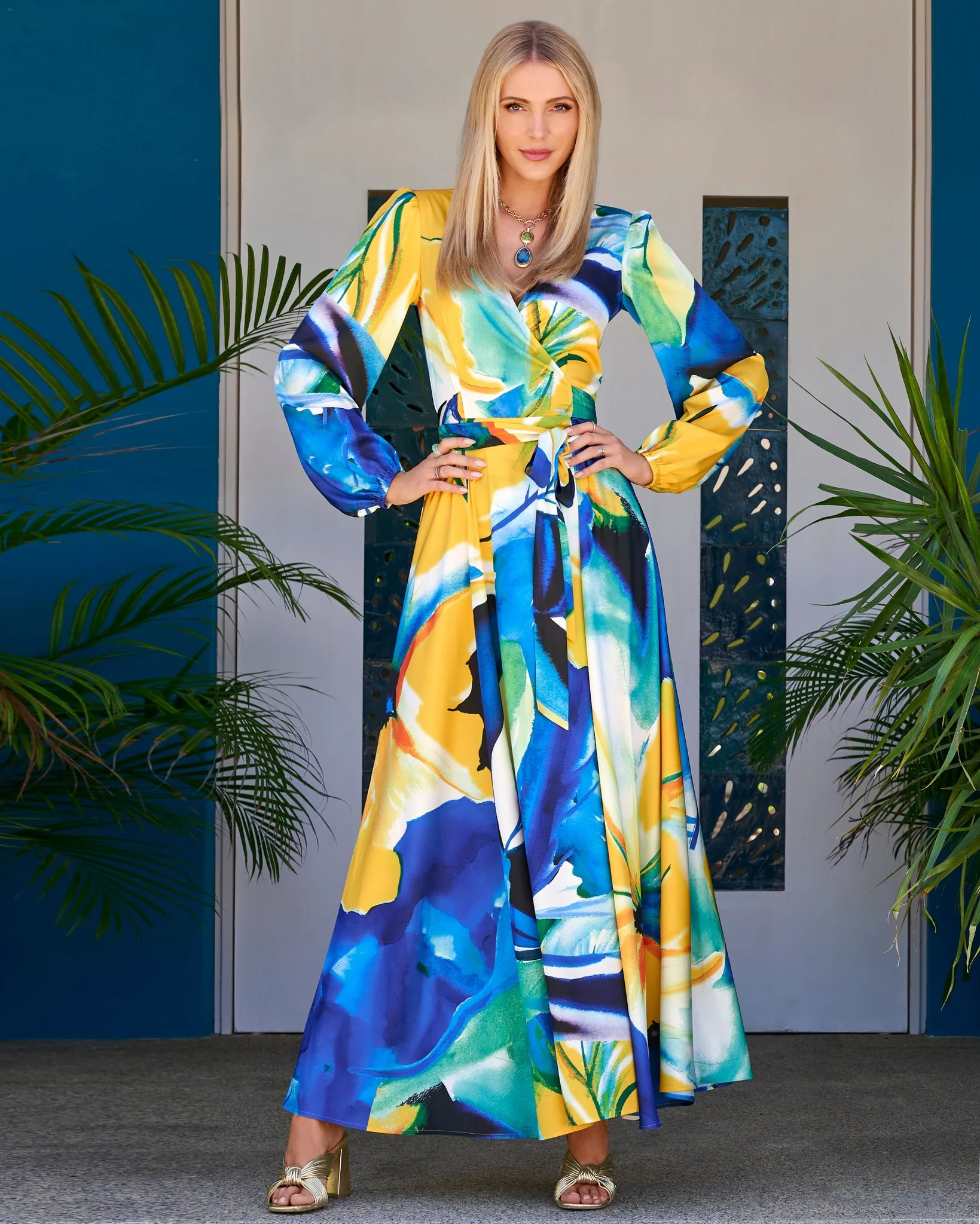 Valencia Florals Print Charmeuse Wrap Maxi Dress Blue/Yellow - Mycitystee