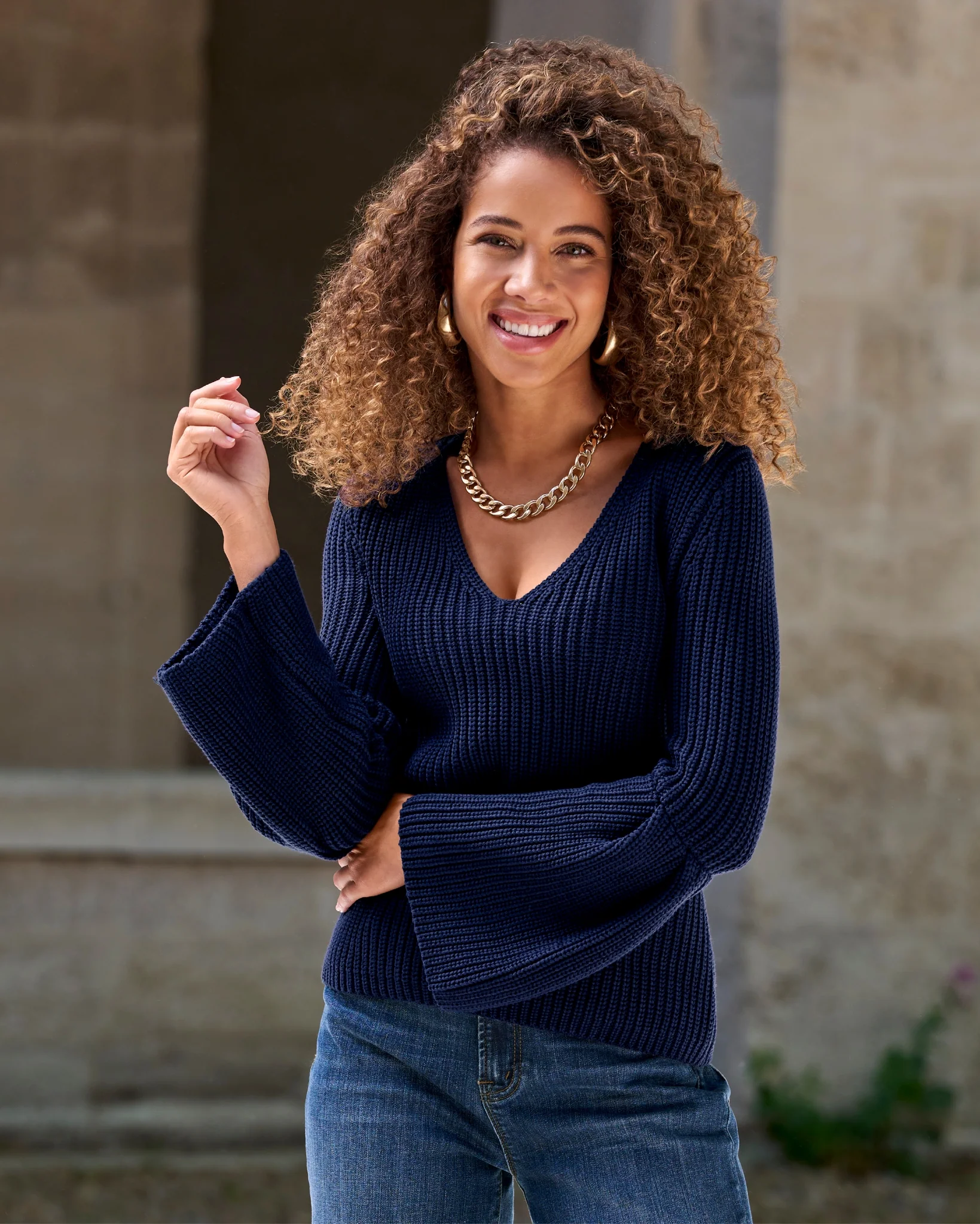 Flare Sleeve V Neck Sweater Navy - Mycitystee