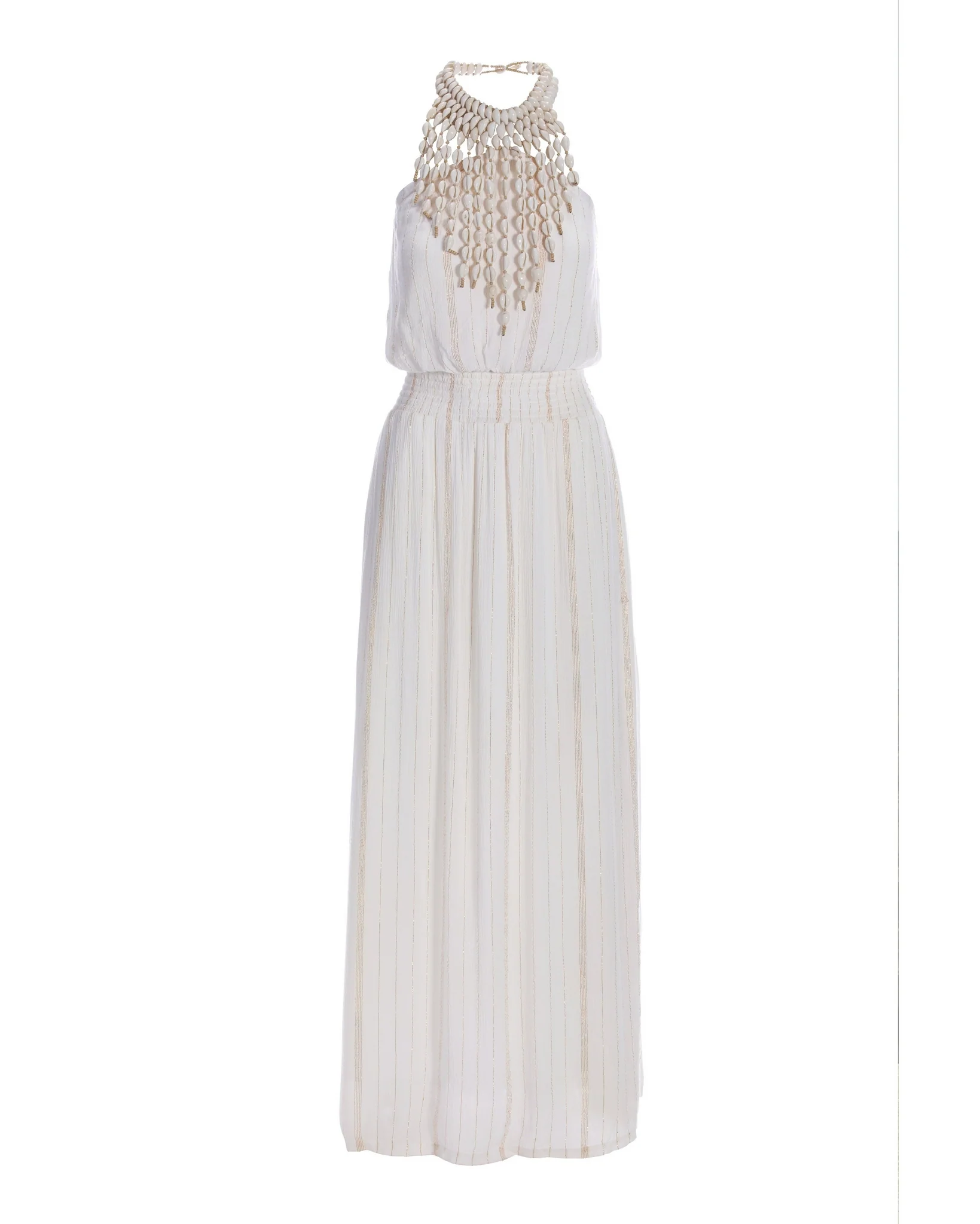 Shell Necklace Shimmer Smocked Waist Dress White Multi - Mycitystee