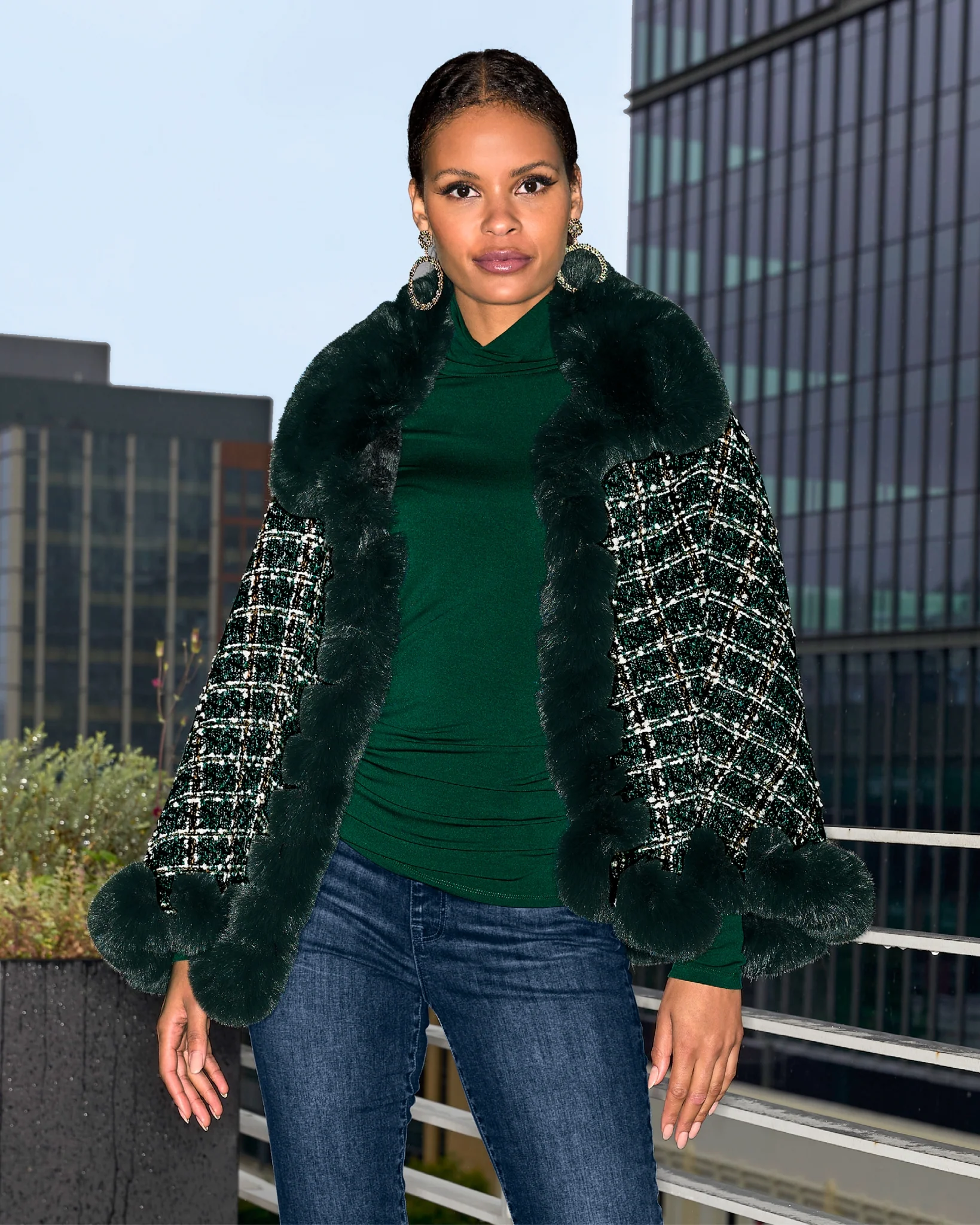 Faux Fur Trim Tweed Shawl Deep Emerald - Mycitystee