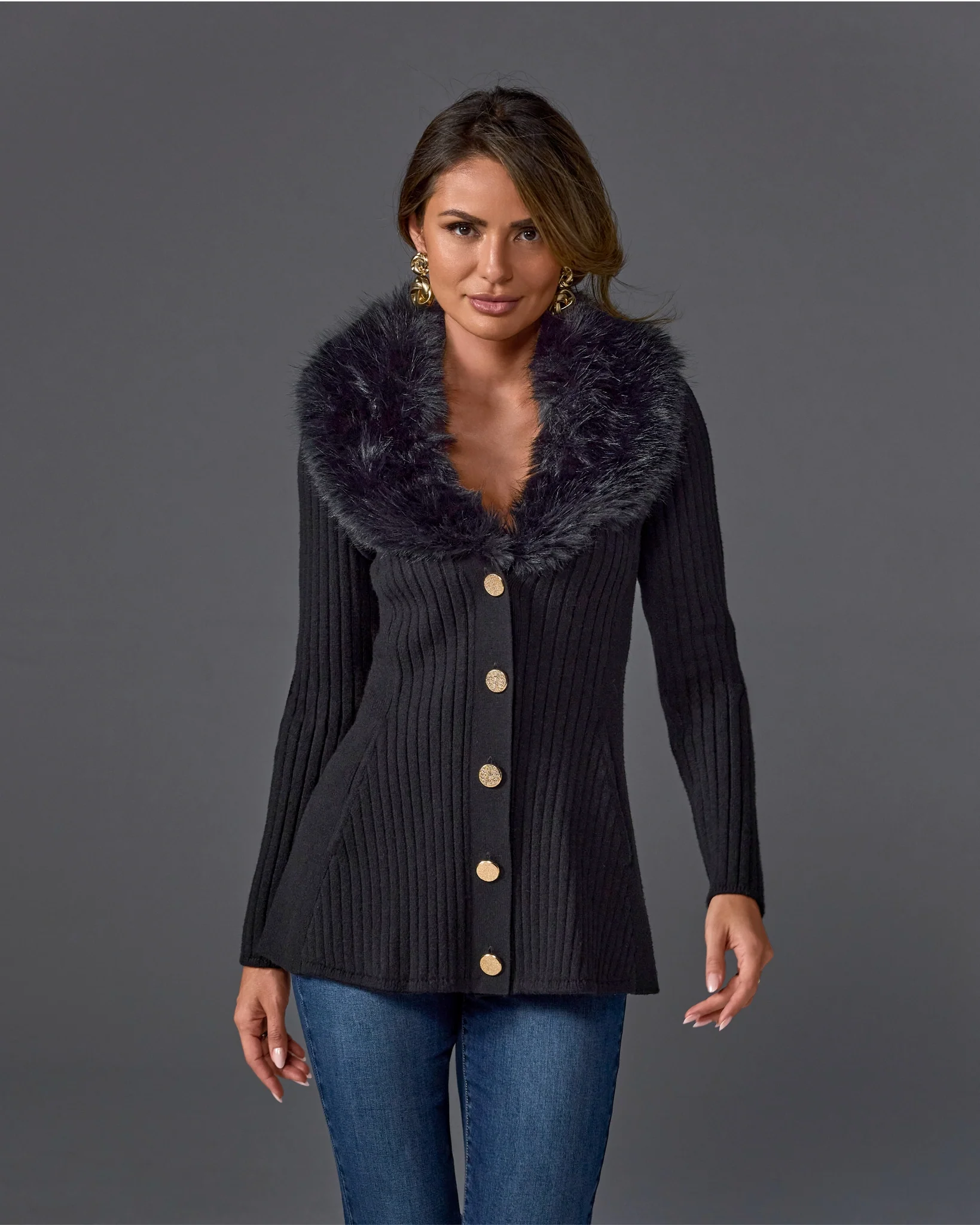 Faux Fur Trim Button Up A-Line Cardigan Proper Black - Mycitystee