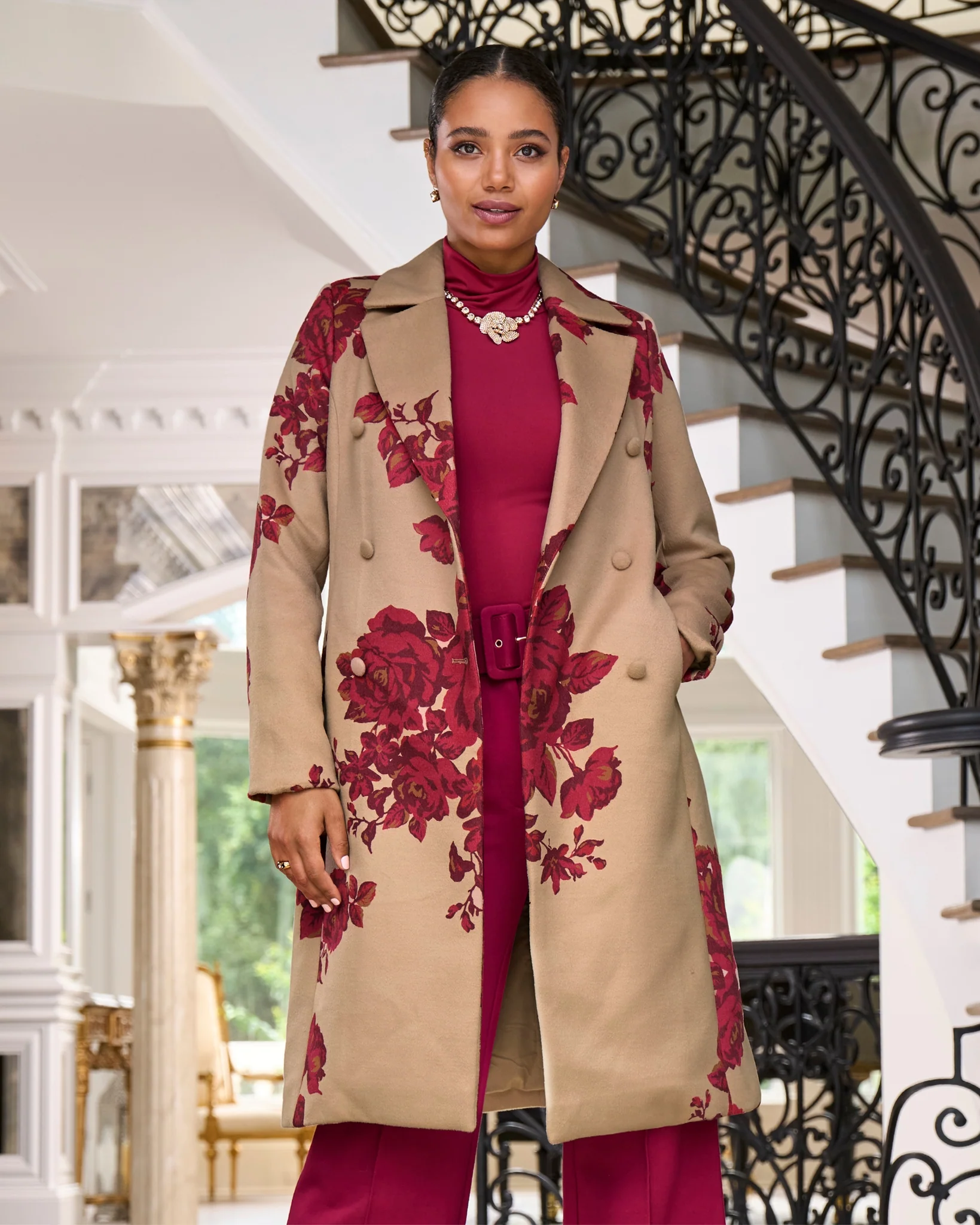 Rose Jacquard Coat Red Multi - Mycitystee