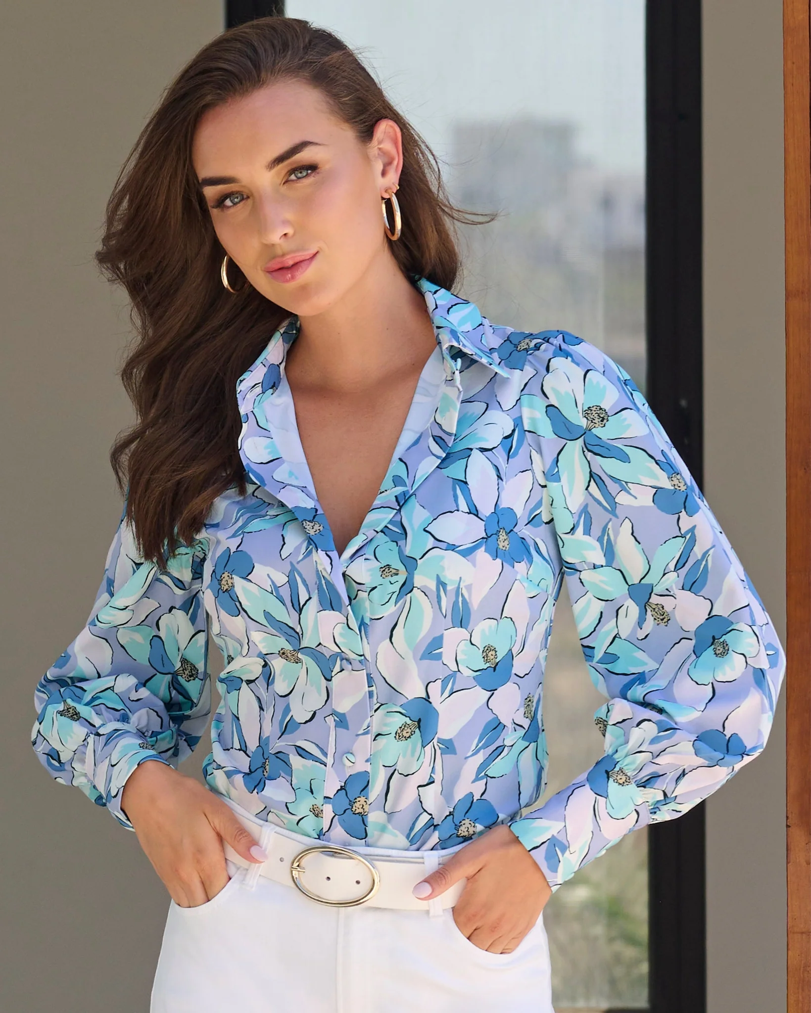 Lillies Print Victoria Chic Drama-Sleeve Shirt Purple - Mycitystee