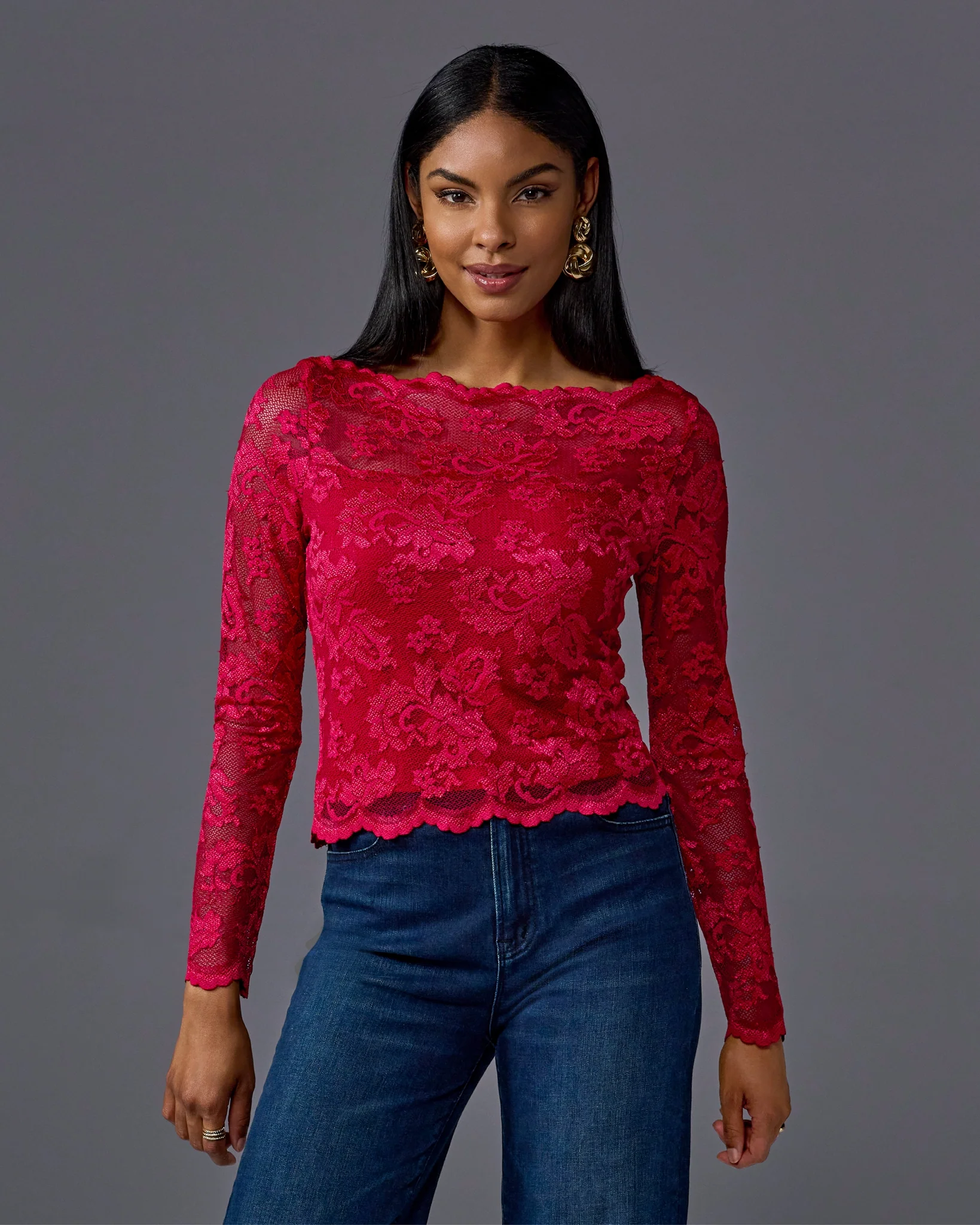 Lace Shoulder Skimming Knit Top Red - Mycitystee