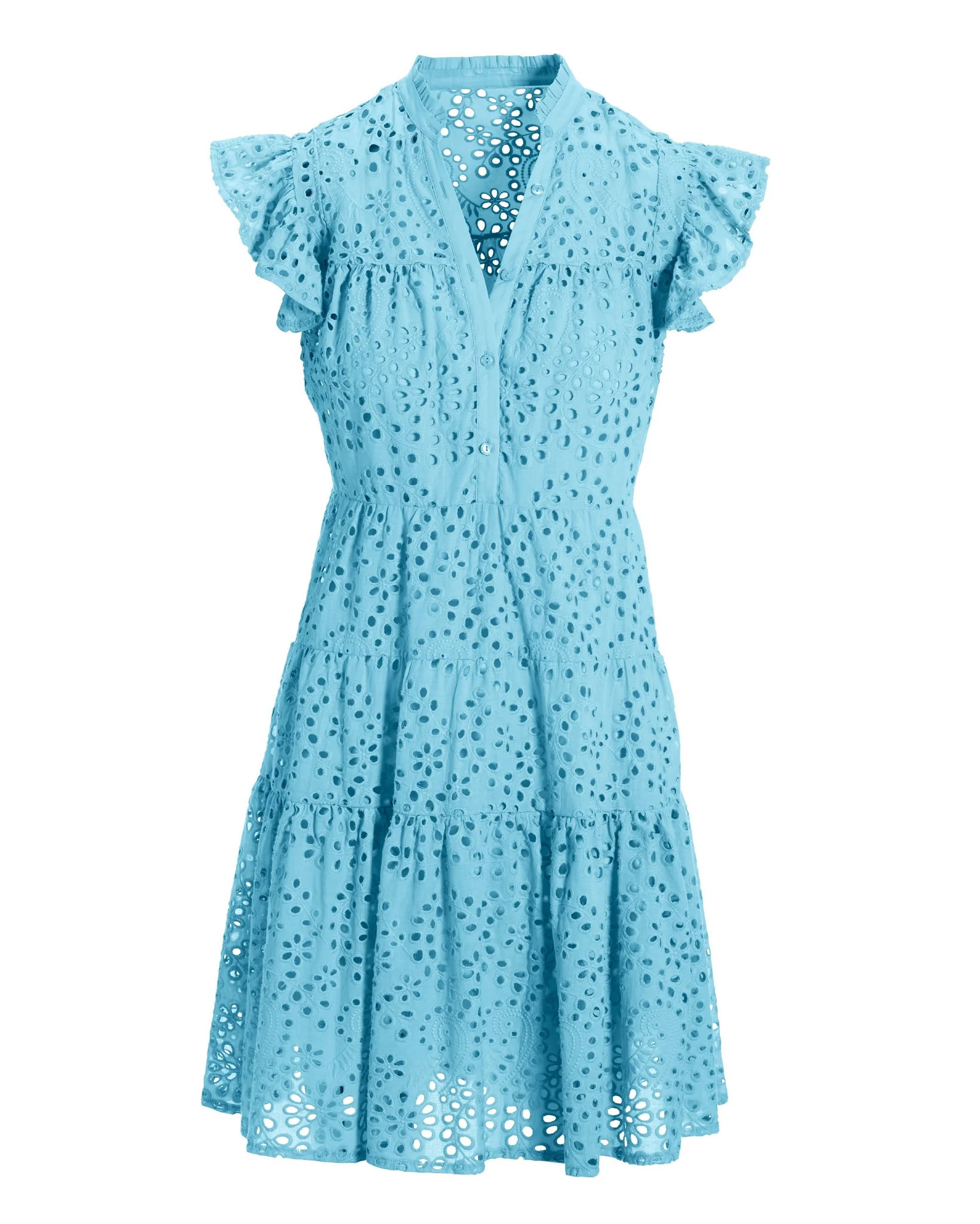 Eyelet Ruffle Tiered Short Dress Baltic Sea - Mycitystee