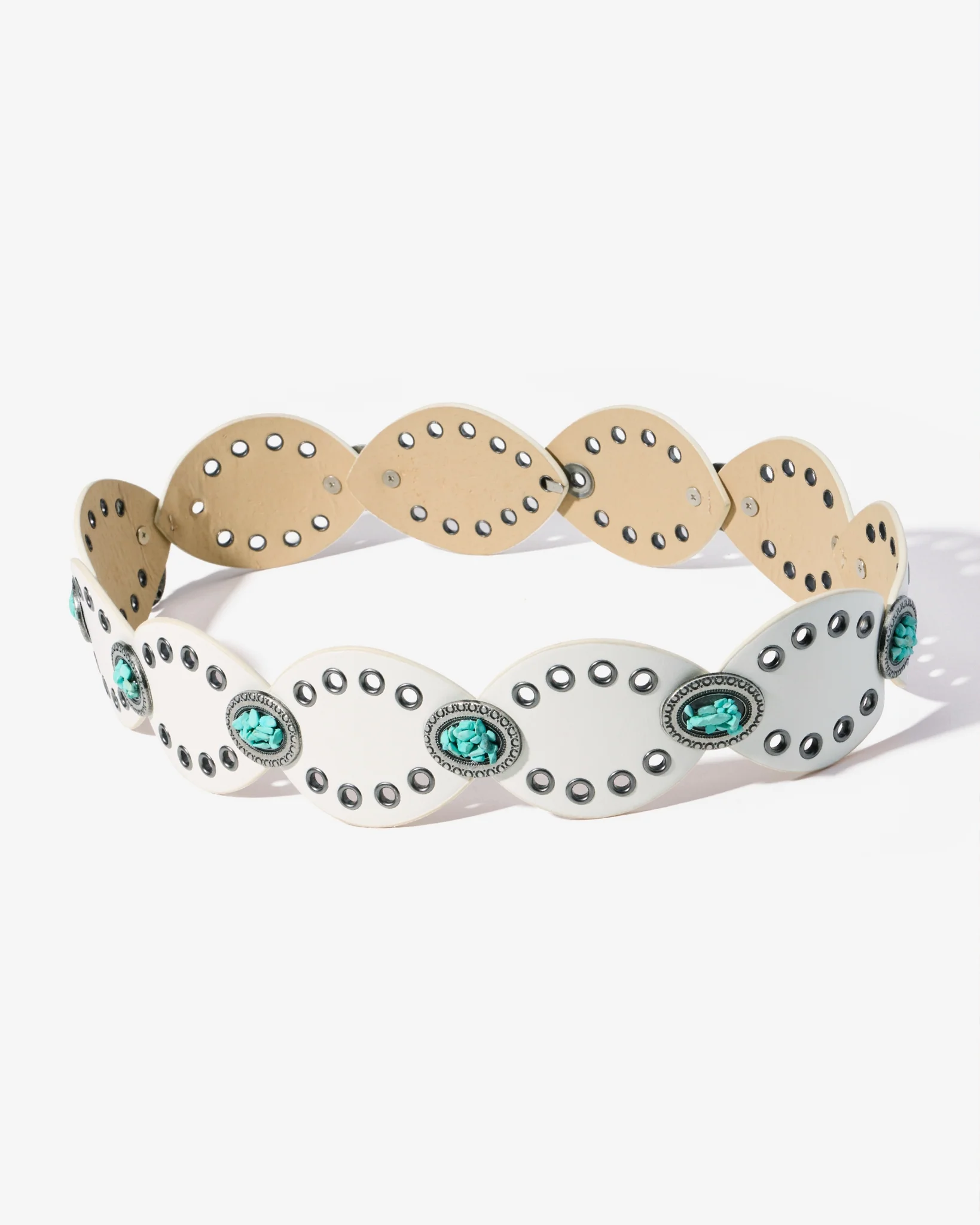 Turquoise Grommet Leather Waist Belt Off White - Mycitystee