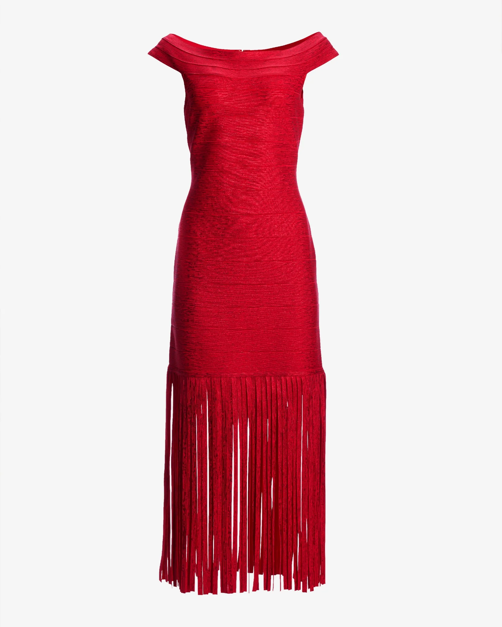 Fringe Trim Metallic Bandage Dress Racing Red - Mycitystee