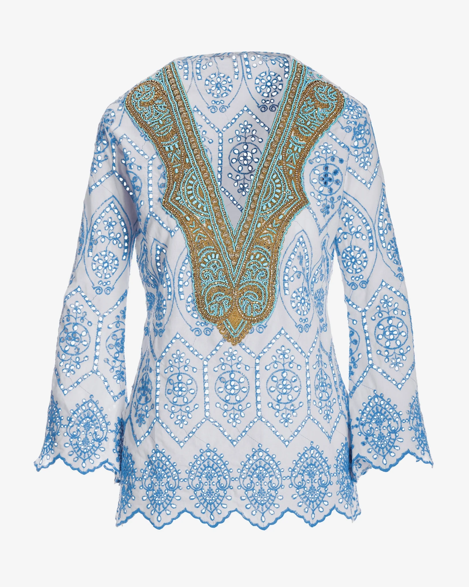 Embellished Two Tone Eyelet Tunic White/Blue - Mycitystee