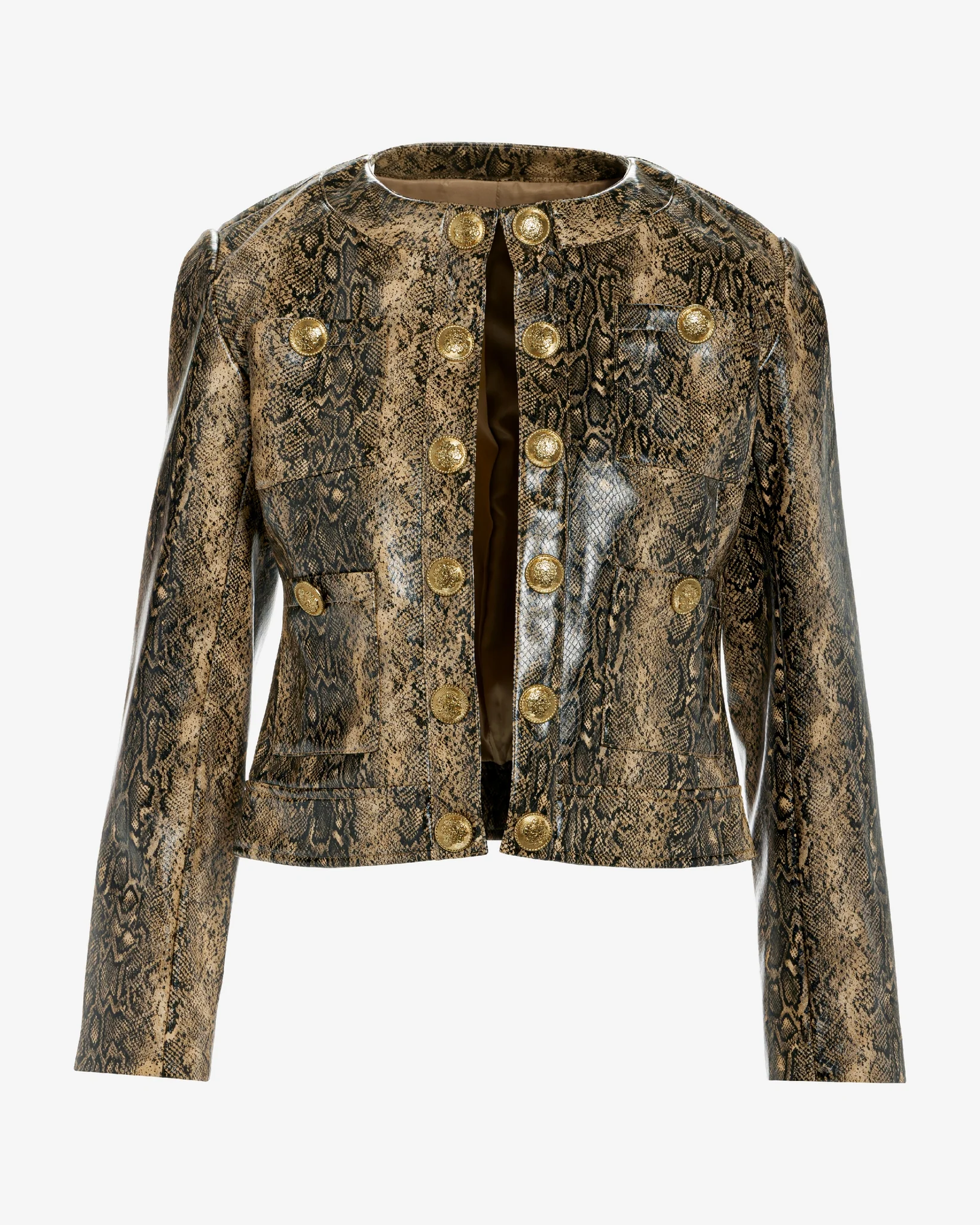 Python Print Crest Button Faux Leather Jacket Brown Multi - Mycitystee