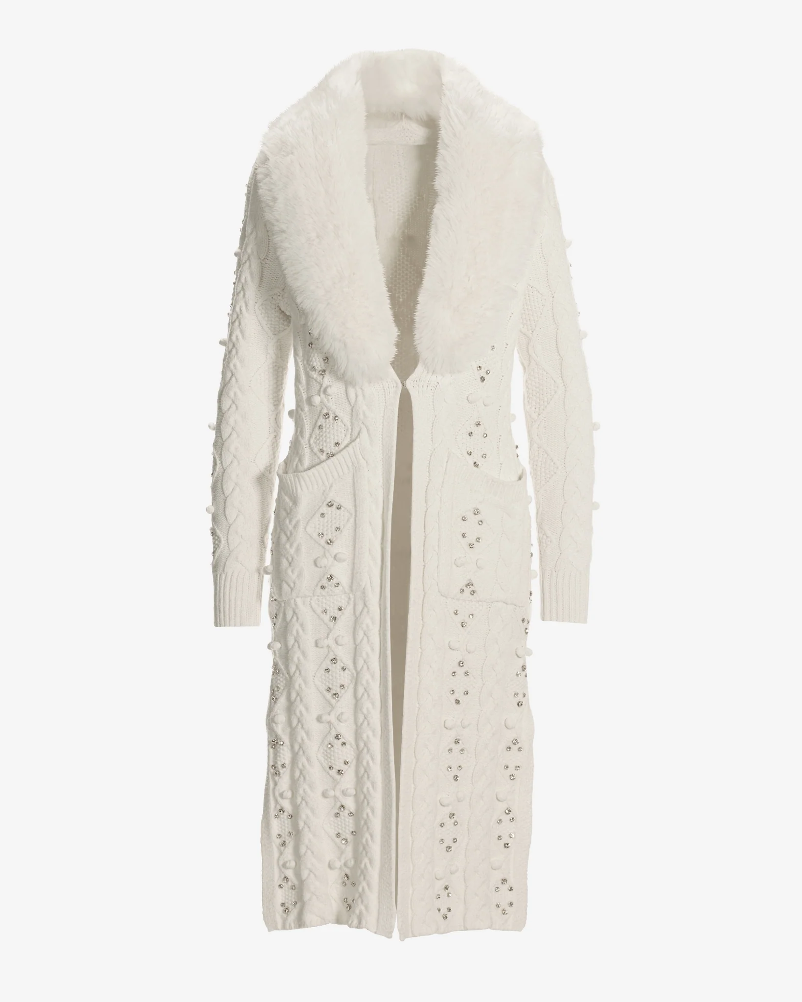 Faux Fur Embellished Cable Duster Off White - Mycitystee