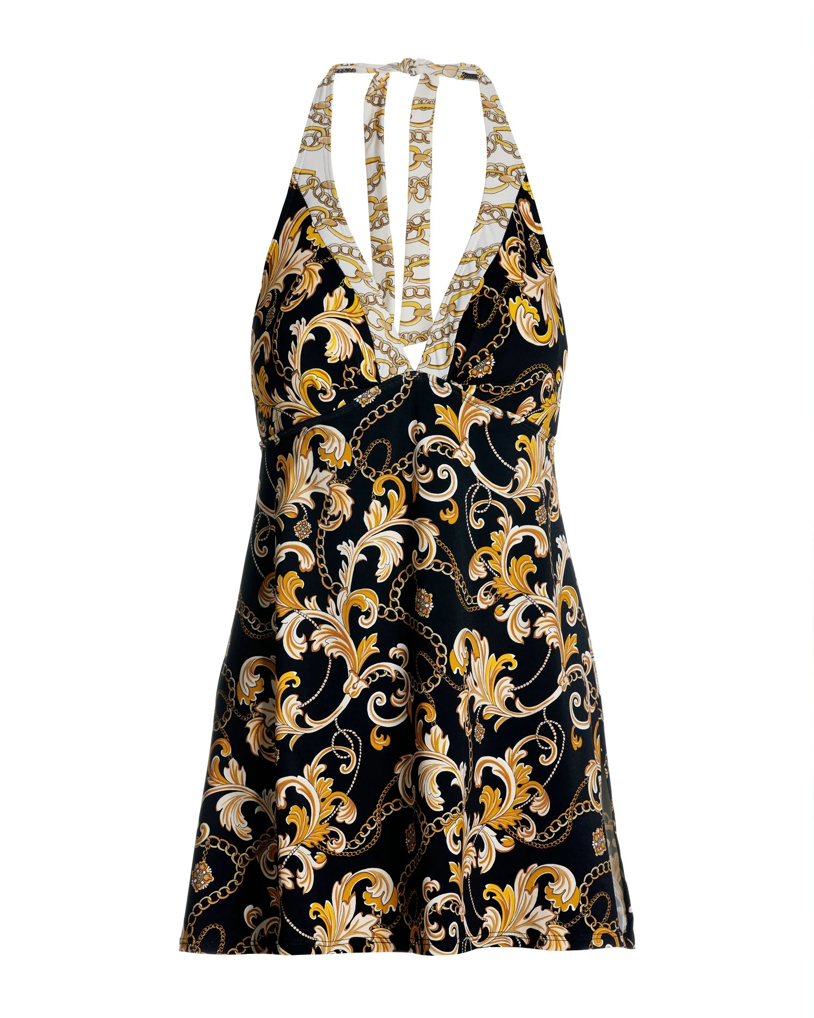 Swim Sense Filigree Status Print Halter Swim Dress Black/Gold - Mycitystee