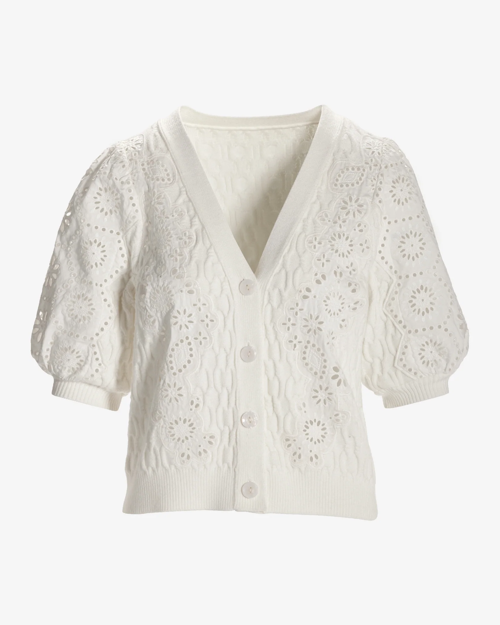 Eyelet Cable Button Up Cardigan Sweater Off White - Mycitystee