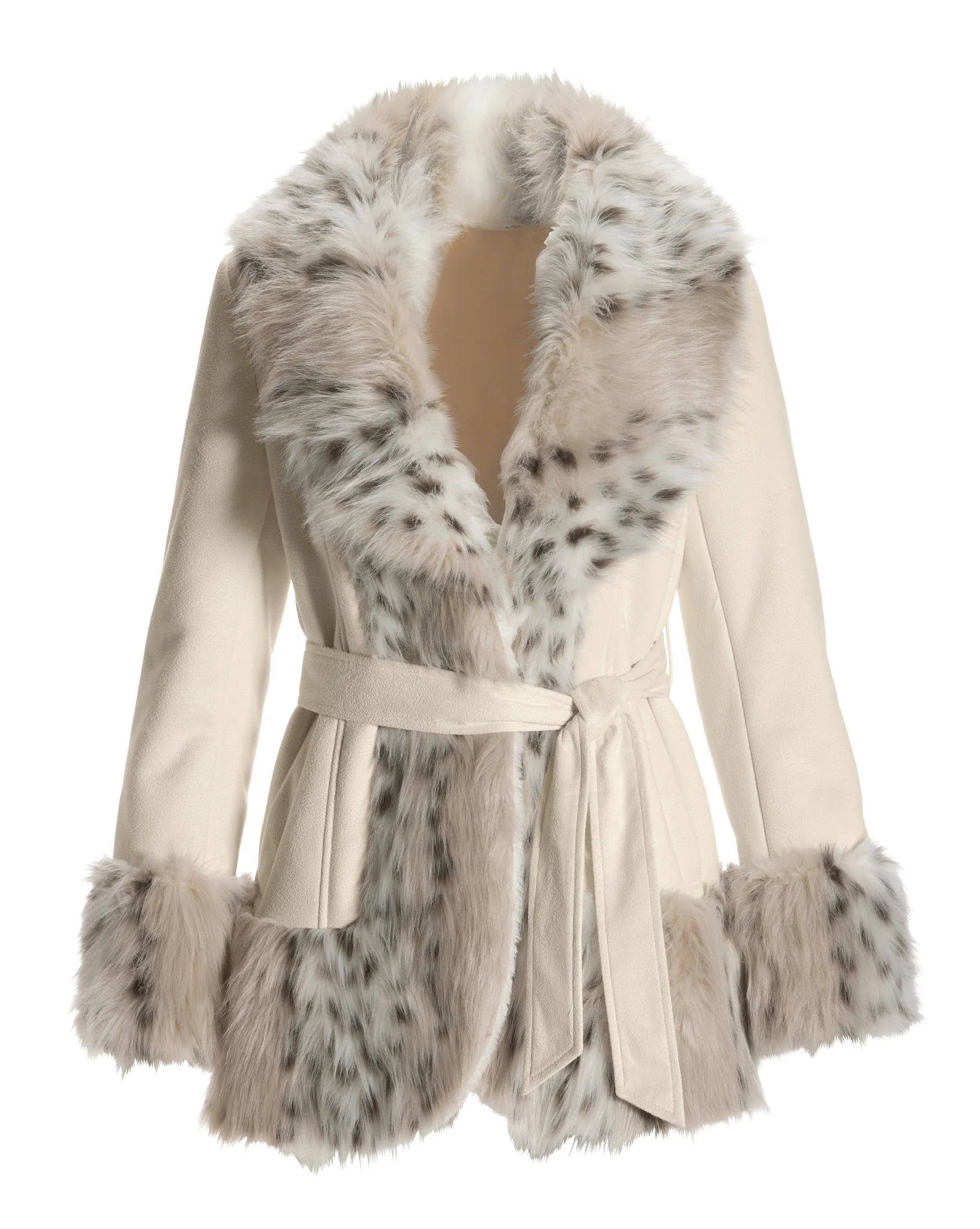 Leopard Print Faux Fur Trim Coat Ivory - Mycitystee