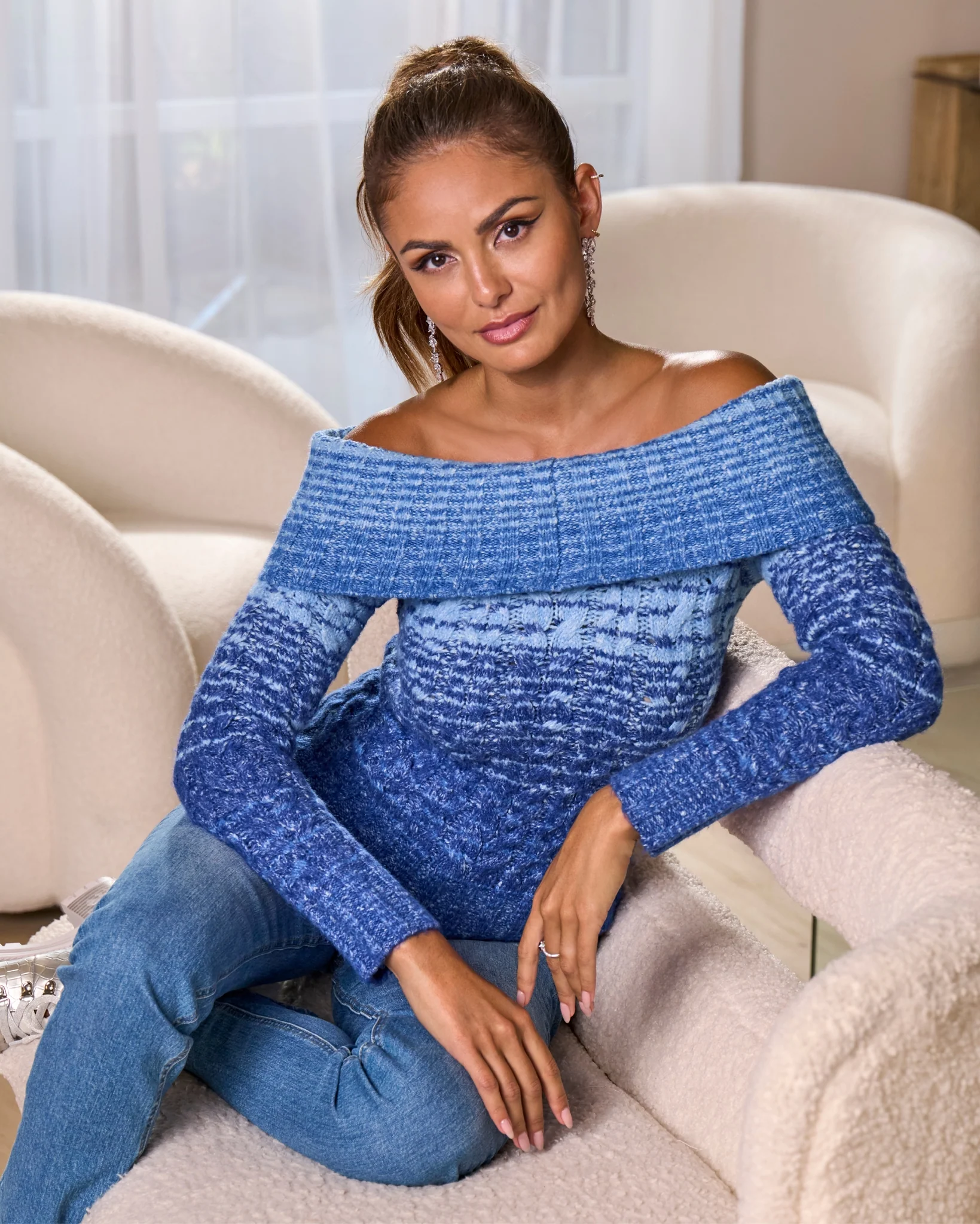 Fold Over Marled Sweater Blue Multi - Mycitystee