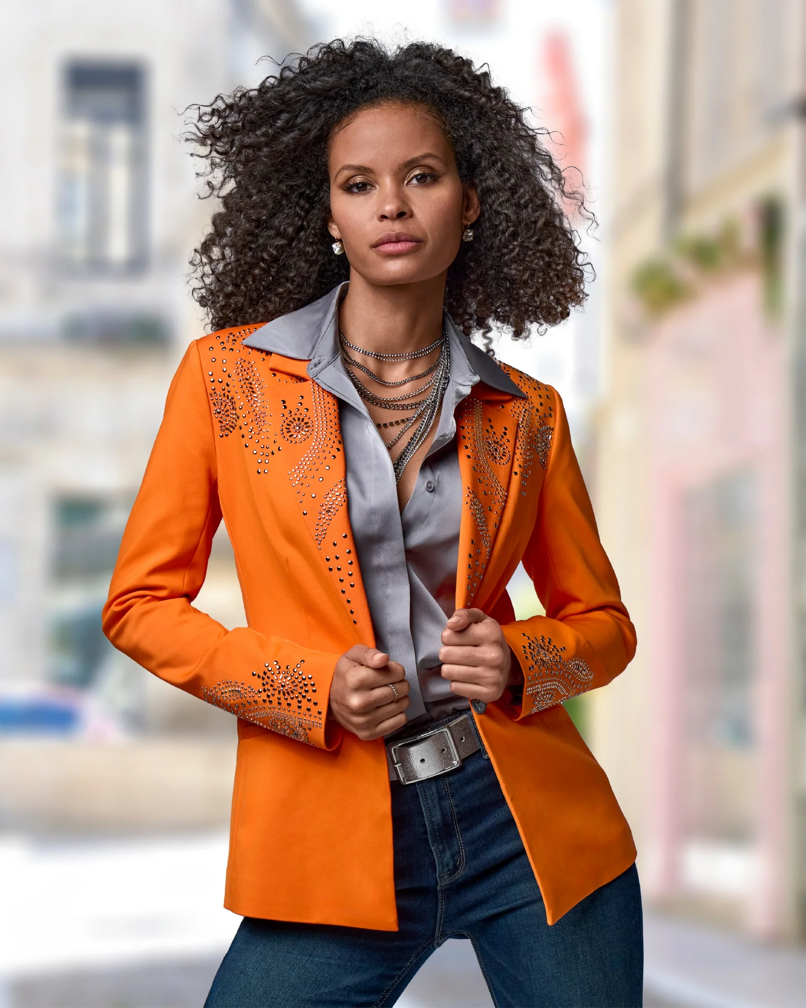 Embellished Modern Single Button Blazer Dark Orange - Mycitystee