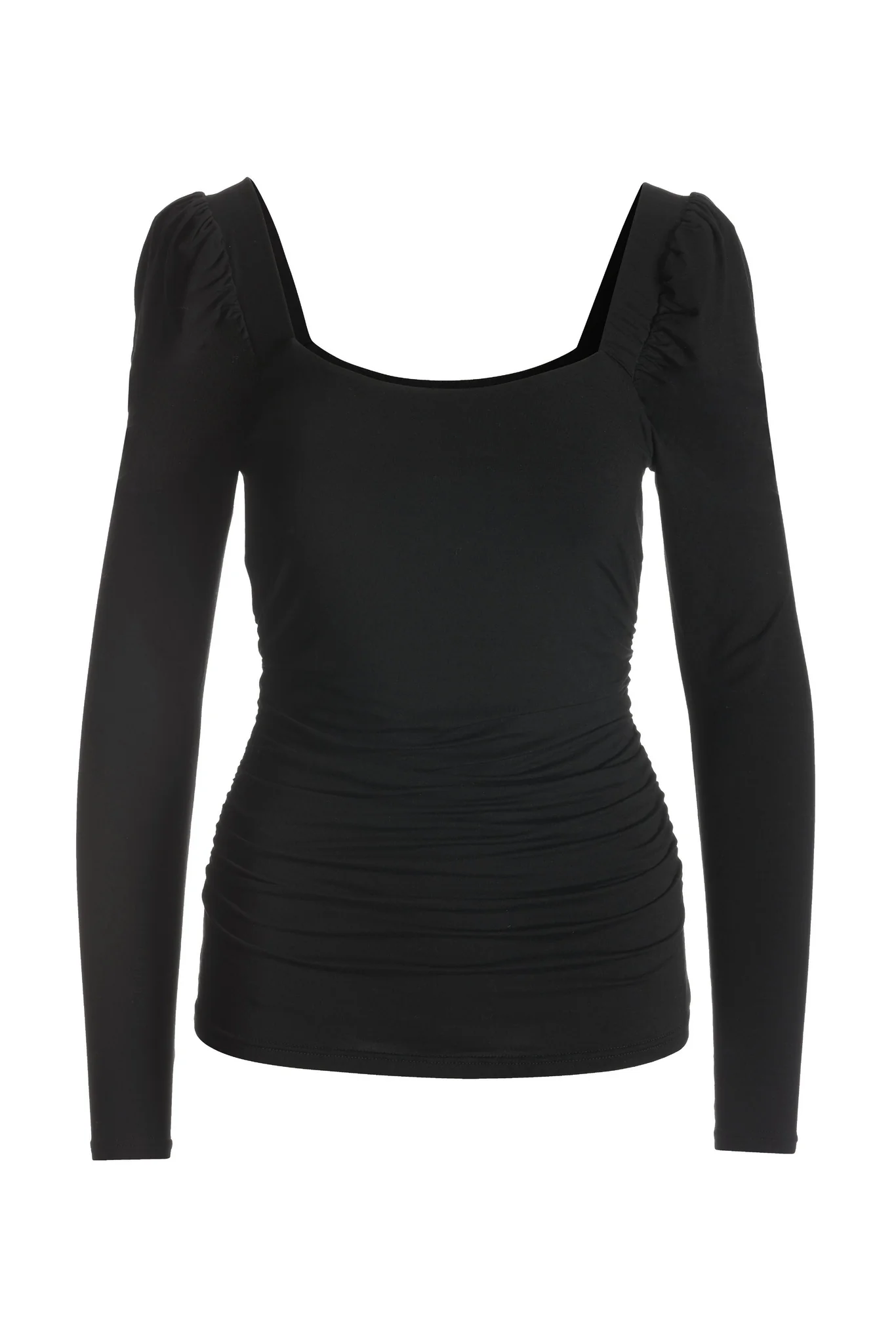Ruched Square Neck Puff Sleeve Black - Mycitystee