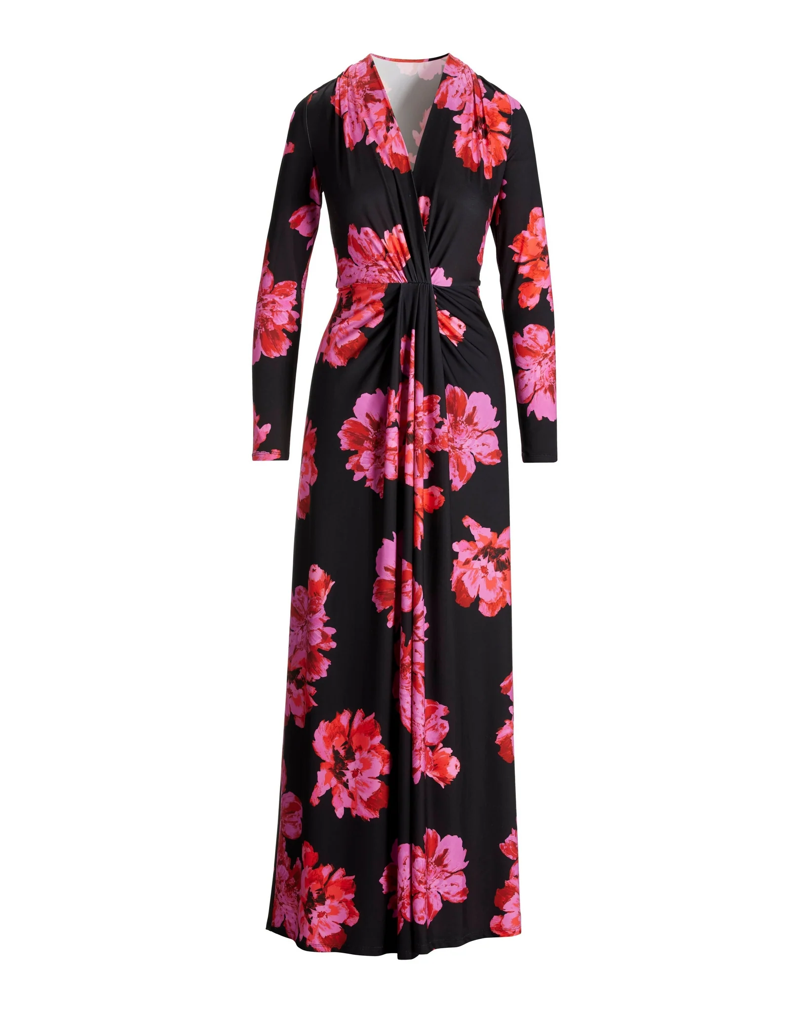 Petals Print Knot Front V Neck Knit Maxi Dress Pink/Red - Mycitystee