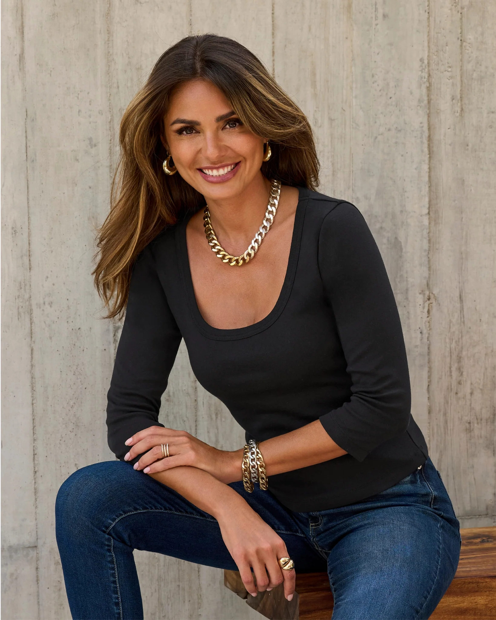 Cotton Scoop Neck Three Quarter Sleeve Top Proper Black - Mycitystee