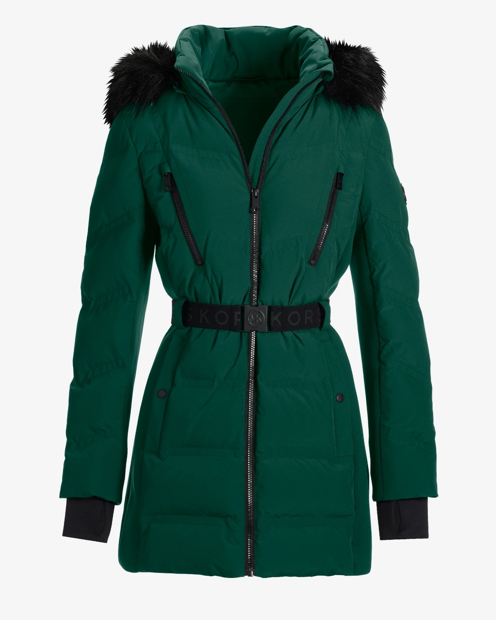 Faux Fur Trim Shaped Belted Puffer Jacket Emerald - Mycitystee
