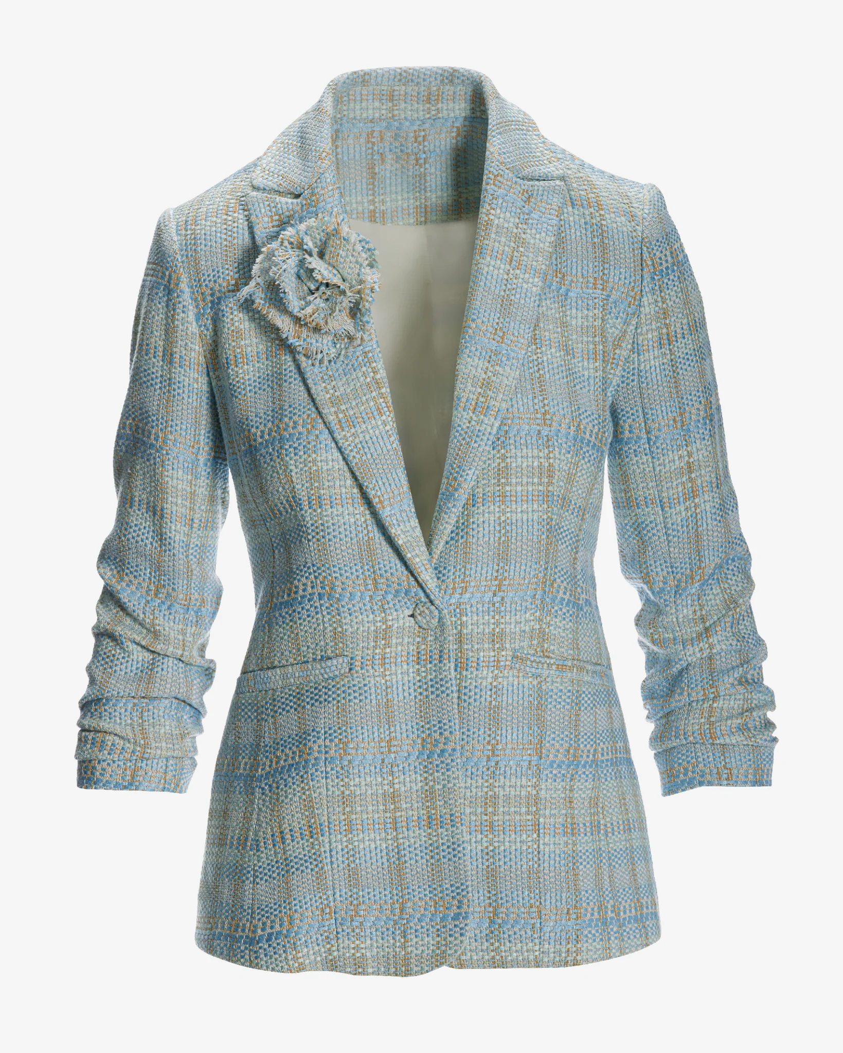 Tweed Ruched Sleeve Single Button Blazer Blue Multi - Mycitystee
