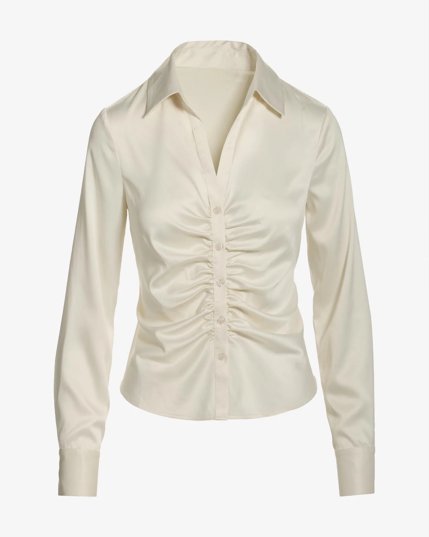 Jessie Charmeuse Ruched Center Front Button Up Shirt Ivory - Mycitystee