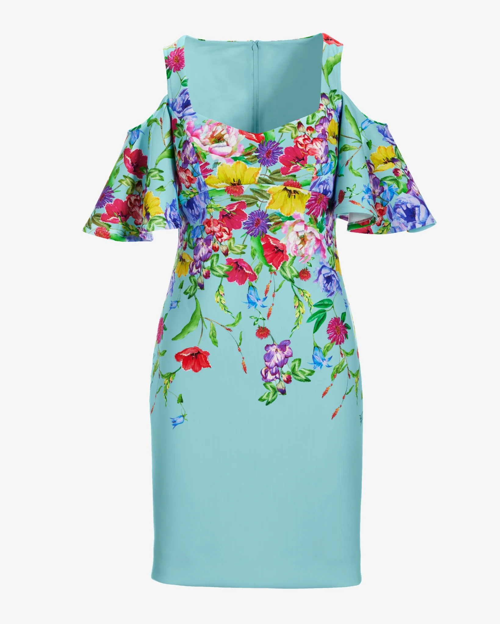 Garden Row Placed Print Cold Shoulder Scuba Dress Blue Tint multi - Mycitystee