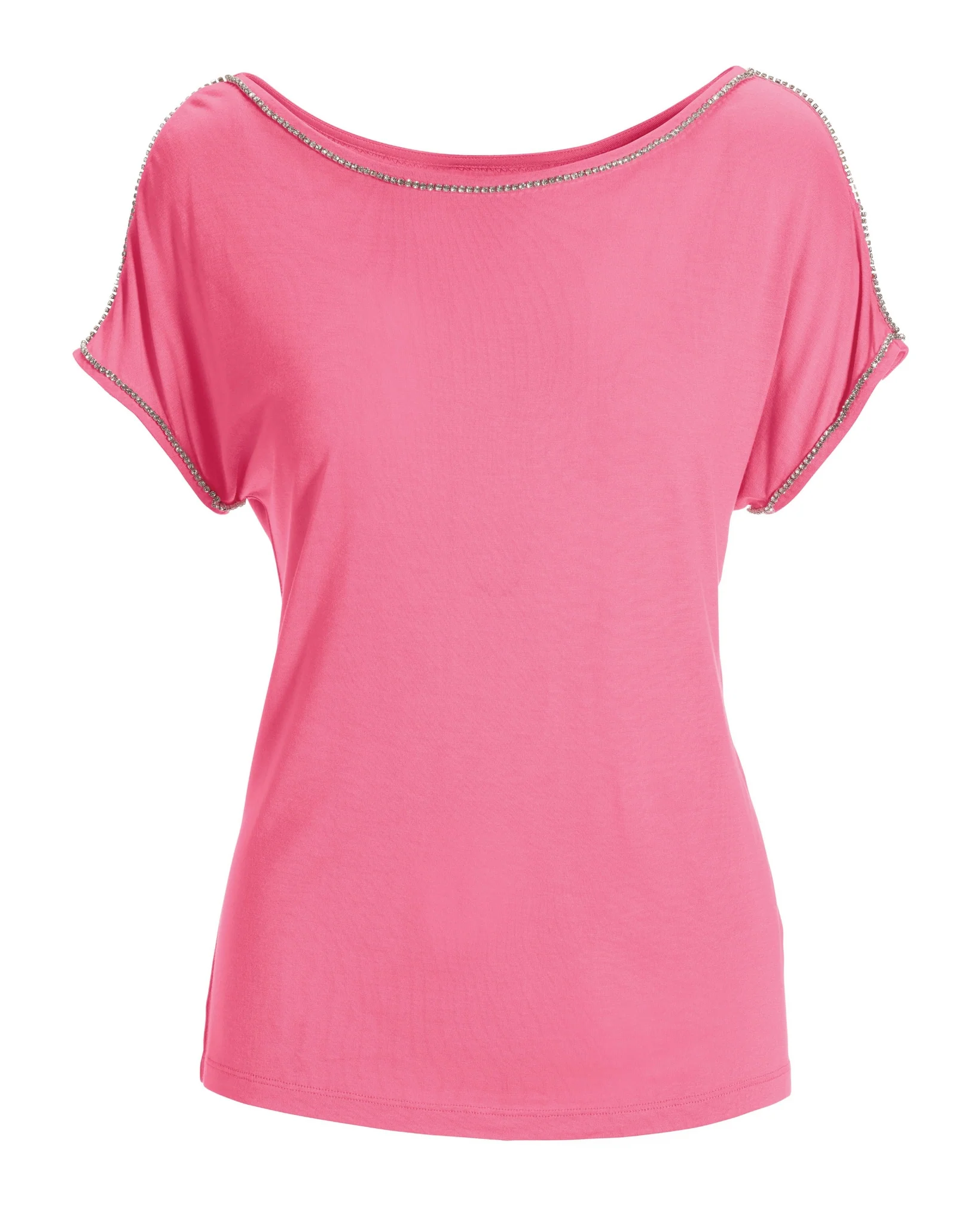 Rhinestone Trim Short-Sleeve Knit Tee Sachet Pink - Mycitystee