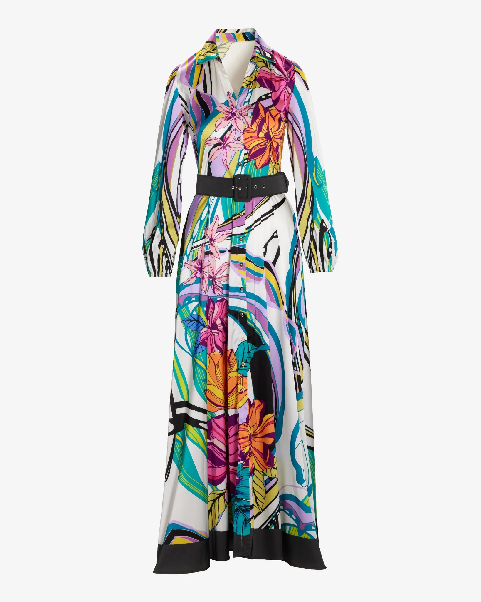 Venice Abstract Print Charmeuse Belted Maxi Shirt Dress Venice Abstract - Mycitystee
