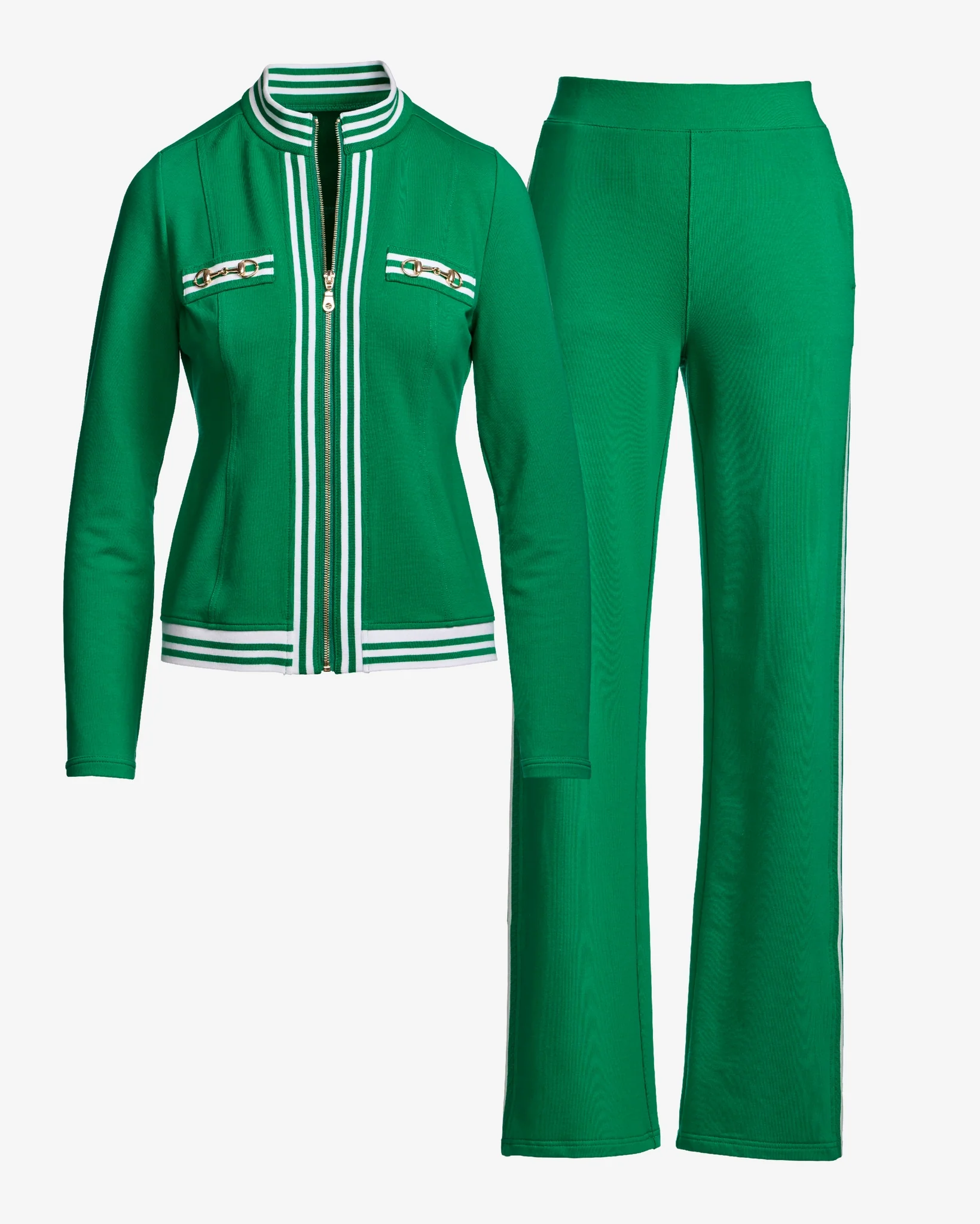Striped French Terry Hardware Full Length Pant Set Green/White - Mycitystee