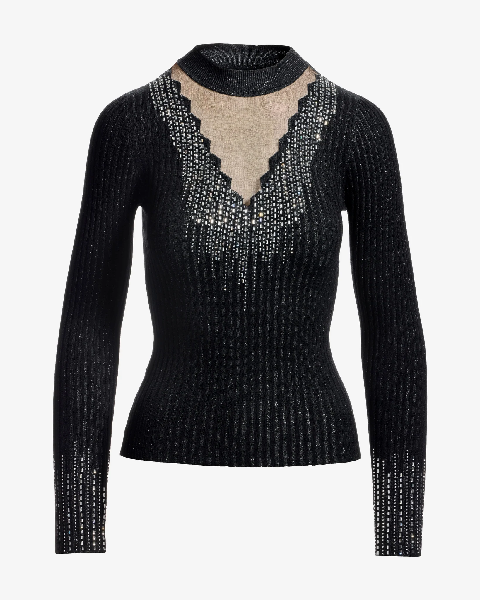 Rhinestone Embellished Mesh Illusion Sweater Proper Black - Mycitystee