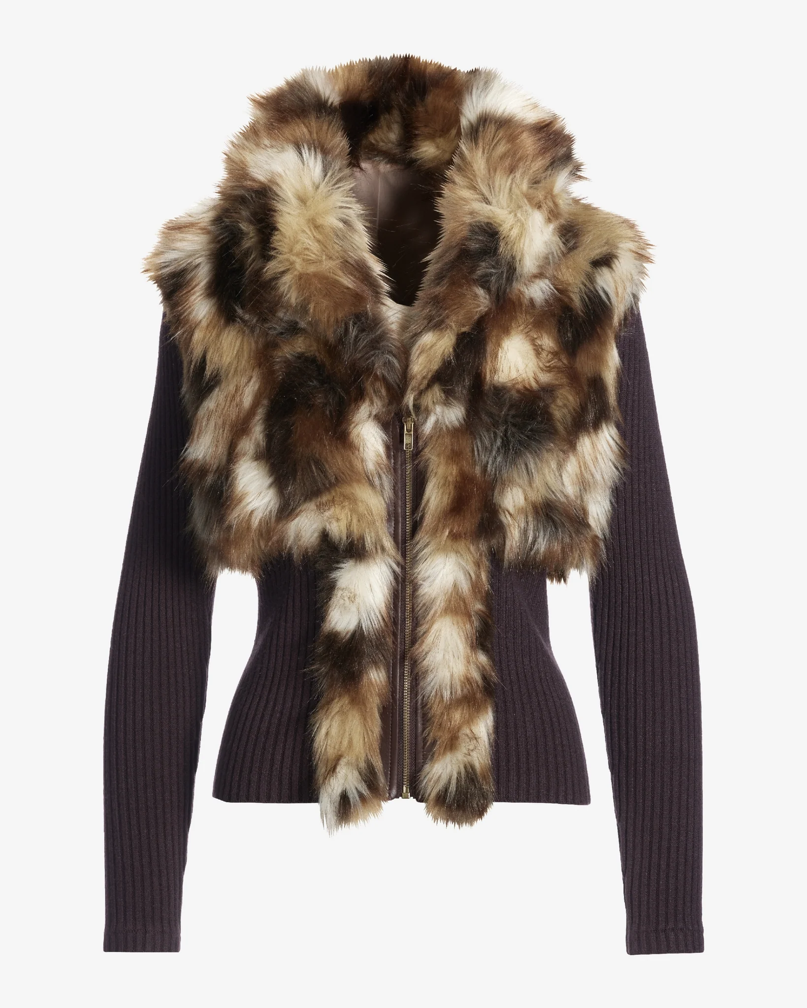 Faux Fur Collared Zip Up Sweater Cardigan Brown Multi - Mycitystee